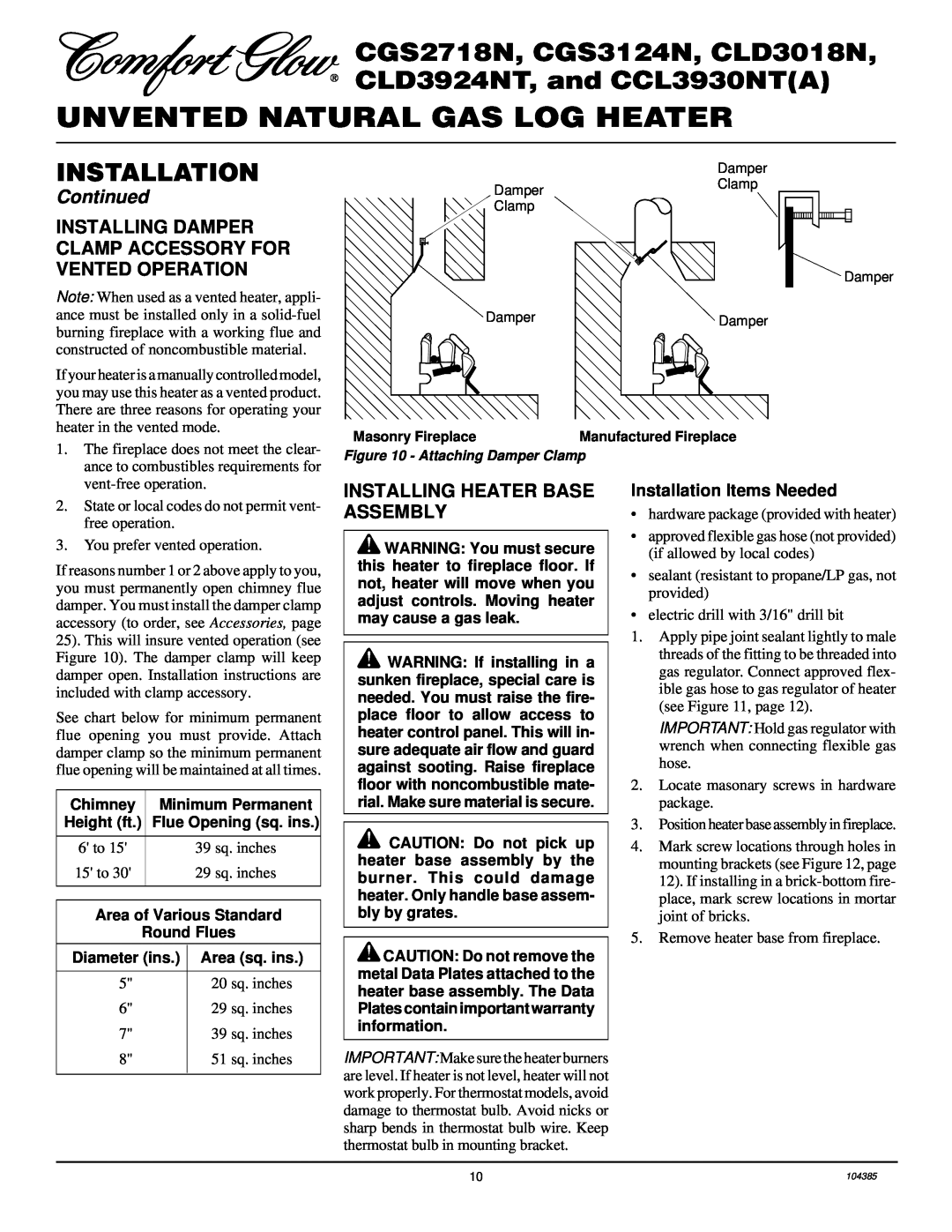 Desa CLD3924NT Installing Heater Base Assembly, Unvented Natural Gas Log Heater, CGS2718N, CGS3124N, CLD3018N, Continued 