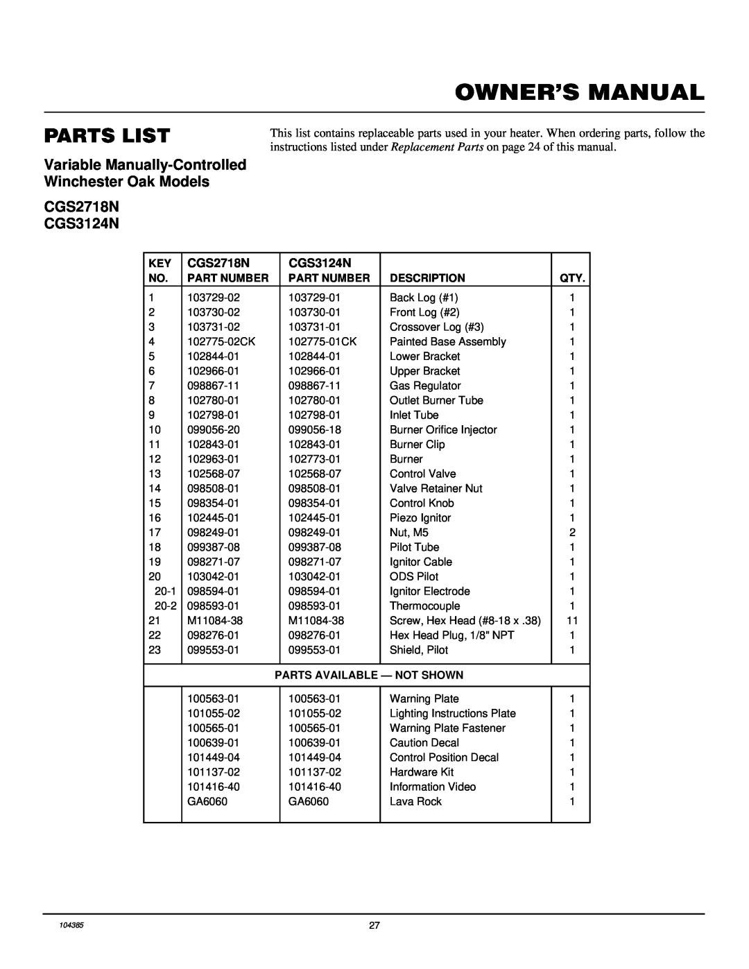 Desa CLD3018N Parts List, Variable Manually-ControlledWinchester Oak Models, CGS2718N CGS3124N, Part Number, Description 