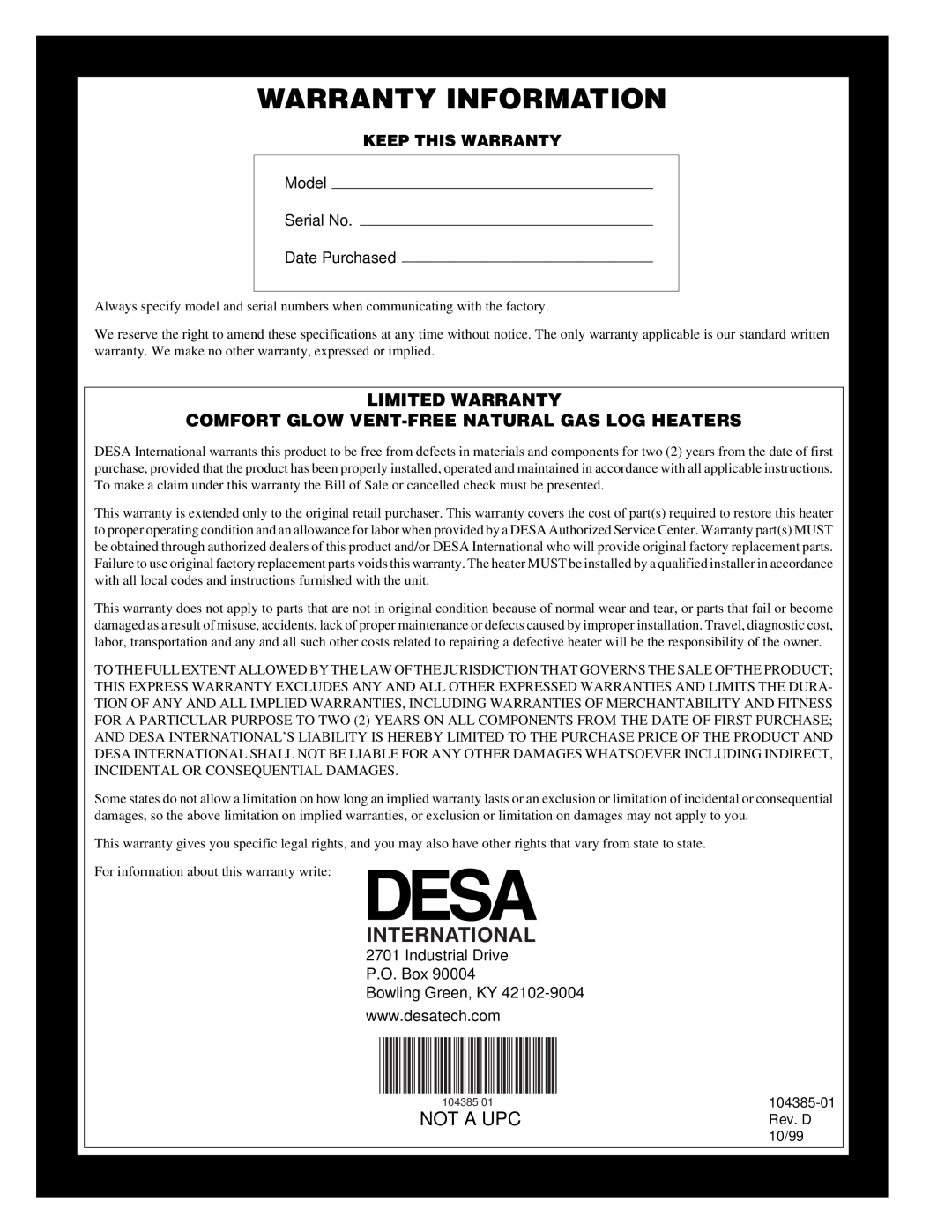 Desa CLD3924NT, CLD3018N, CCL3930NT(A) installation manual Warranty Information, Not A Upc, International 