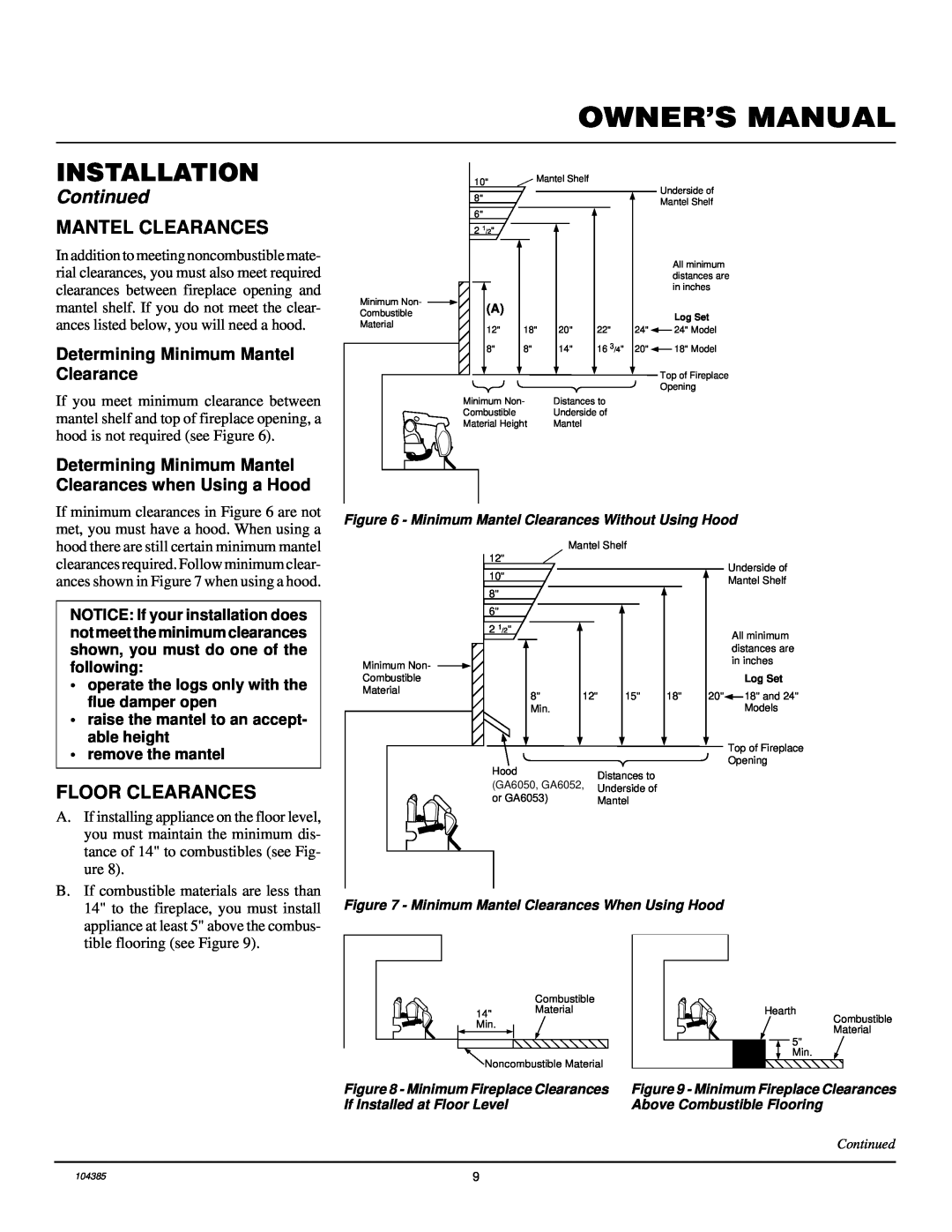 Desa CLD3018N, CLD3924NT, CCL3930NT(A) installation manual Mantel Clearances, Floor Clearances, Installation, Continued 