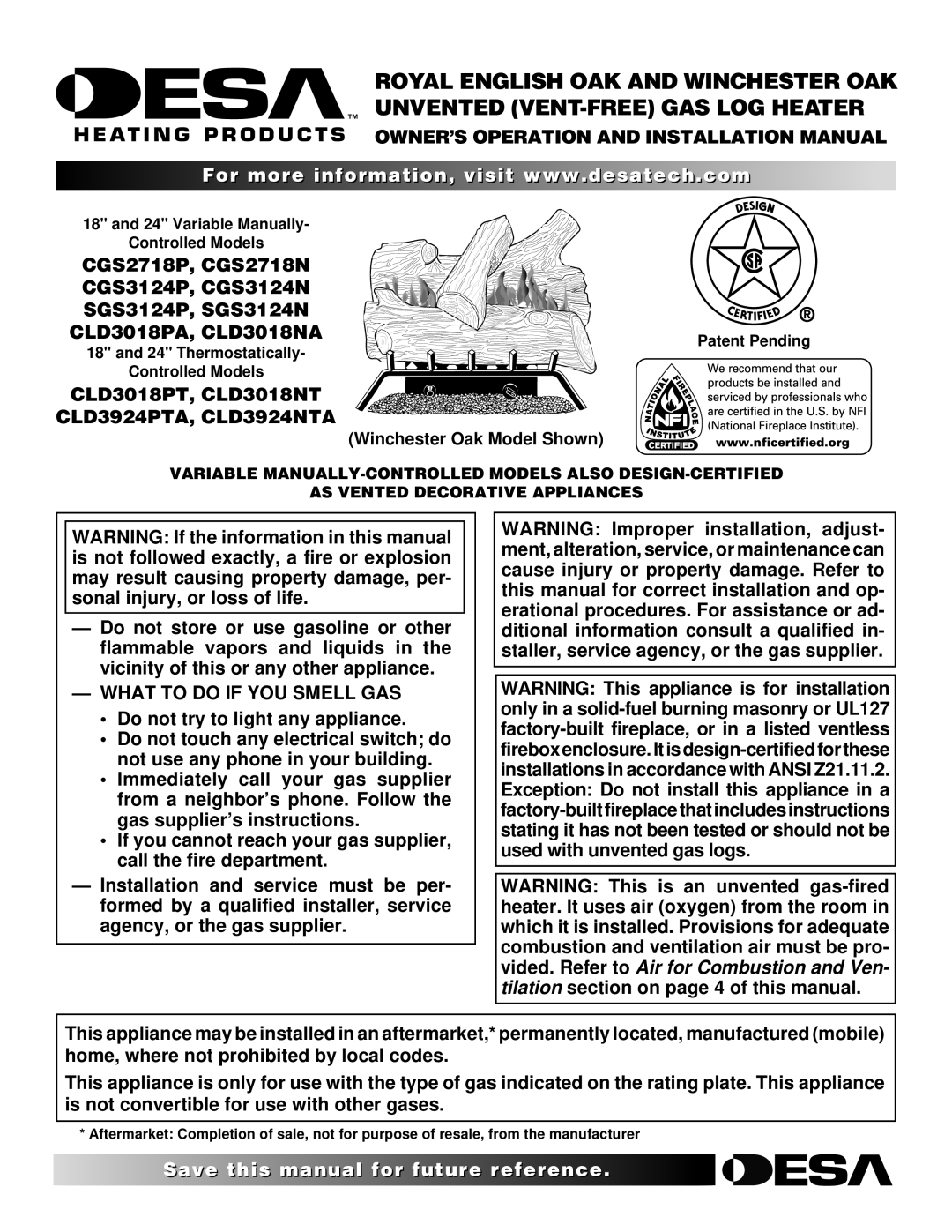 Desa CLD3018NT, CLD3018PT, SGS3124N installation manual OWNER’S Operation and Installation Manual, CLD3924PTA, CLD3924NTA 