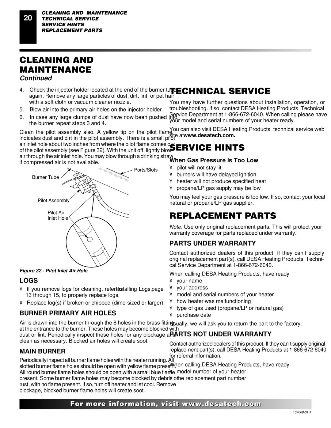 Desa CLD3018PT, CLD3018NT, SGS3124N, SGS3124P installation manual Technical Service, Service Hints, Replacement Parts 