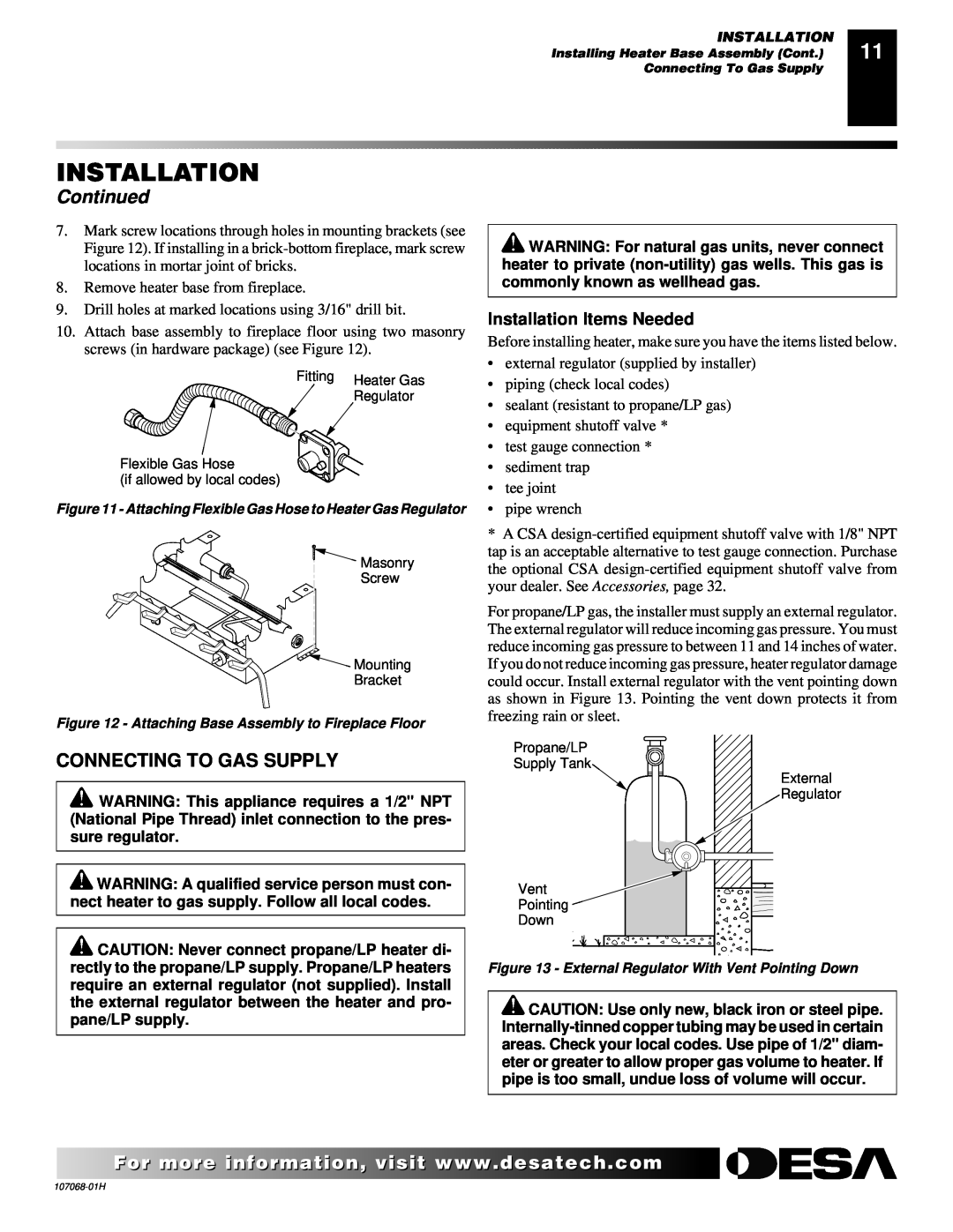 Desa SGS3124P, CLD3018PT, CLD3018NT, SGS3124N installation manual Connecting To Gas Supply, Installation, Continued 