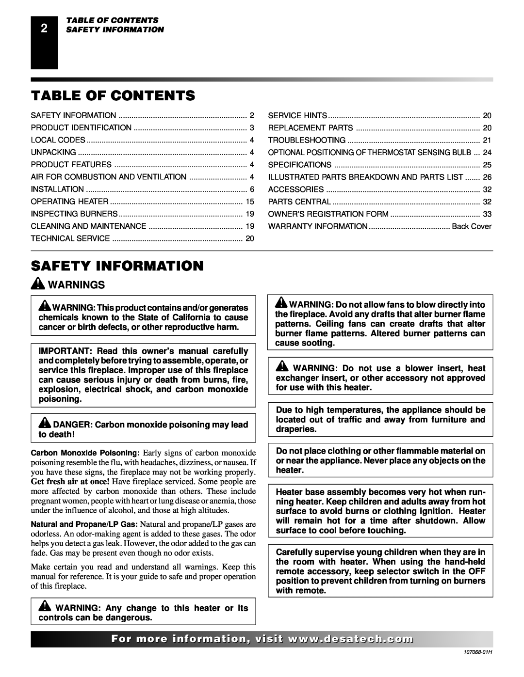 Desa SGS3124N, CLD3018PT, CLD3018NT, SGS3124P installation manual Table Of Contents, Safety Information, Warnings 