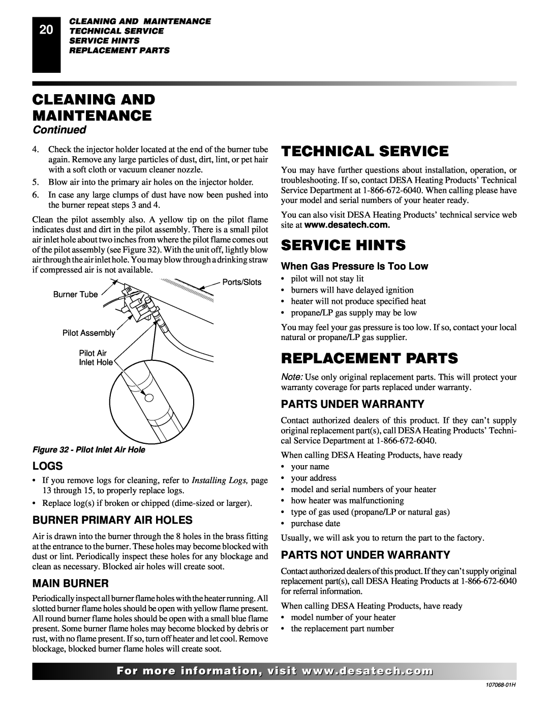 Desa CLD3018PT Technical Service, Service Hints, Replacement Parts, Logs, Parts Under Warranty, Parts Not Under Warranty 