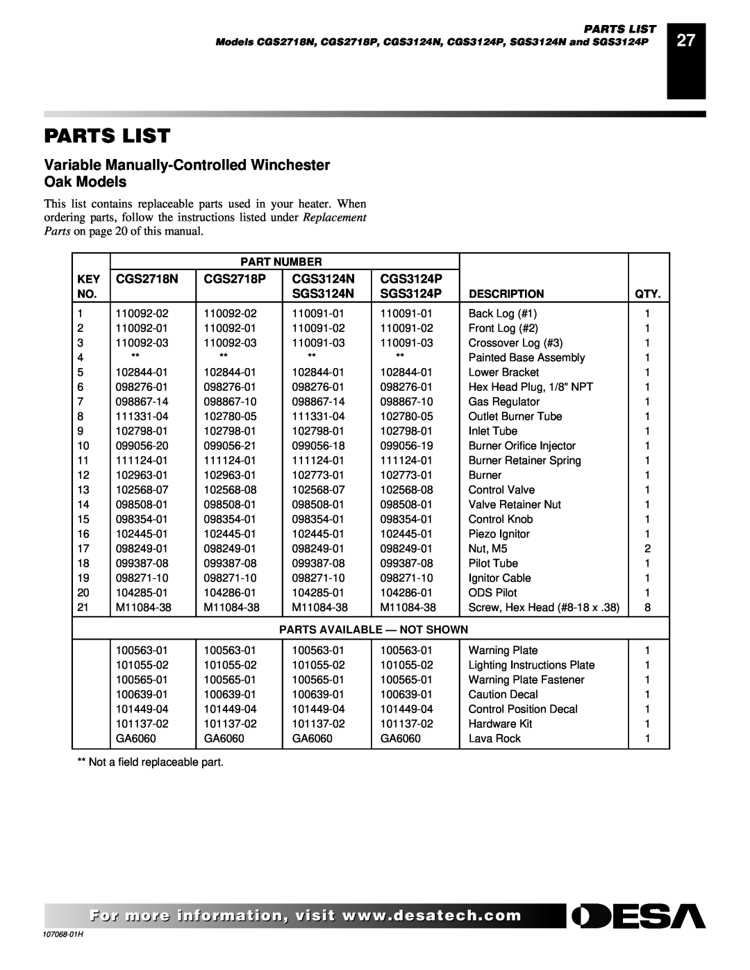 Desa SGS3124P, CLD3018PT, CLD3018NT Parts List, Variable Manually-ControlledWinchester Oak Models, Part Number, Description 