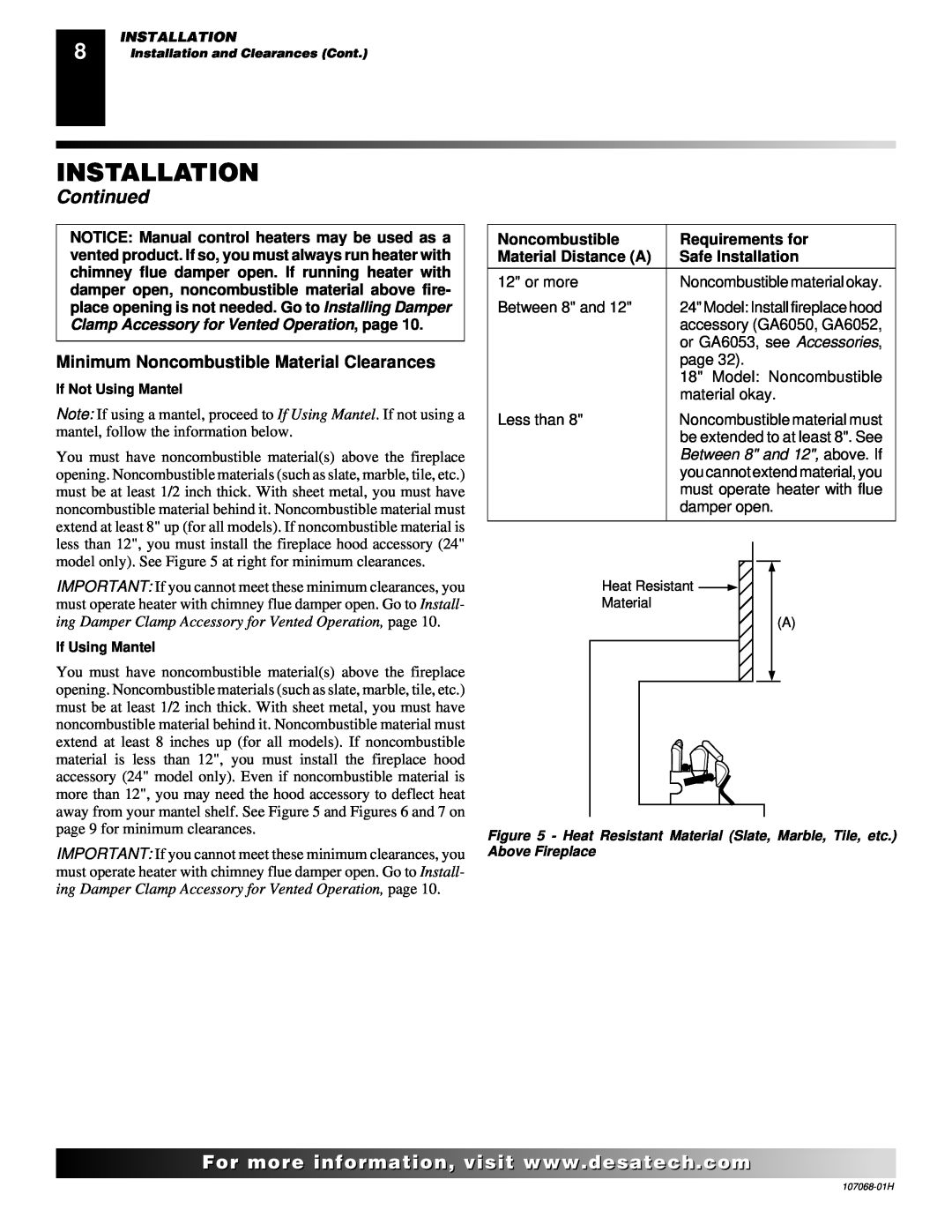 Desa CLD3018PT Installation, Continued, Minimum Noncombustible Material Clearances, Requirements for, Material Distance A 