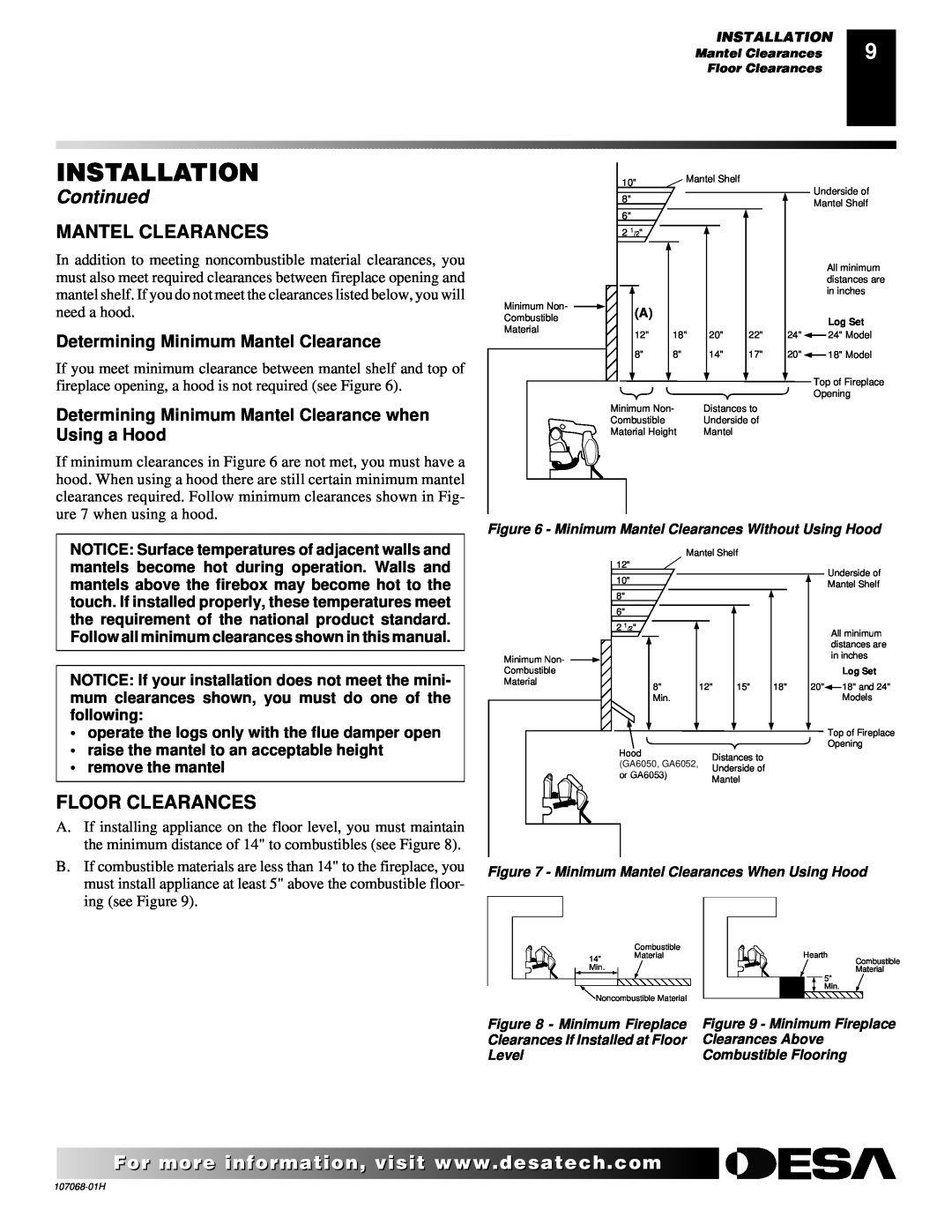 Desa CLD3018NT, CLD3018PT, SGS3124N, SGS3124P installation manual Mantel Clearances, Floor Clearances, Installation, Continued 