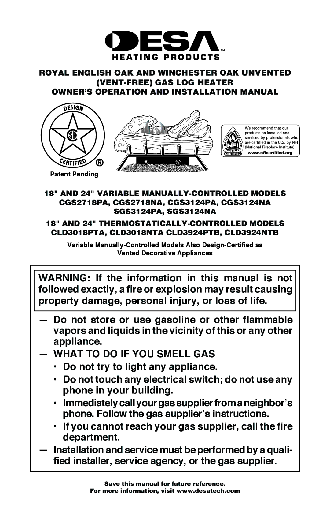 Desa CLD3018PTA, CLD3924NTB, SGS3124NA, CGS3124PA installation manual Variable MANUALLY-CONTROLLED Models, Patent Pending 