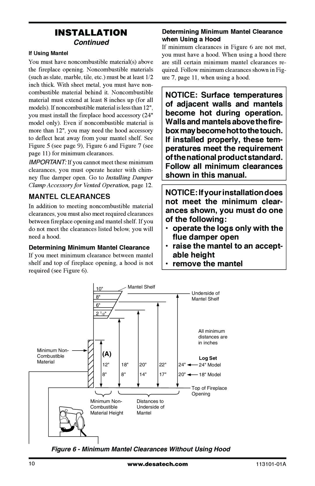 Desa CGS3124PA, CLD3924NTB, CLD3018PTA, SGS3124NA, CGS2718NA Mantel Clearances, Determining Minimum Mantel Clearance 