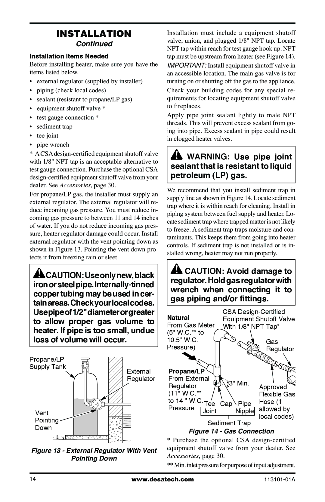 Desa CLD3924NTB, CLD3018PTA, SGS3124NA, CGS3124PA, CGS2718NA, CGS2718PA installation manual Natural, Propane/LP 