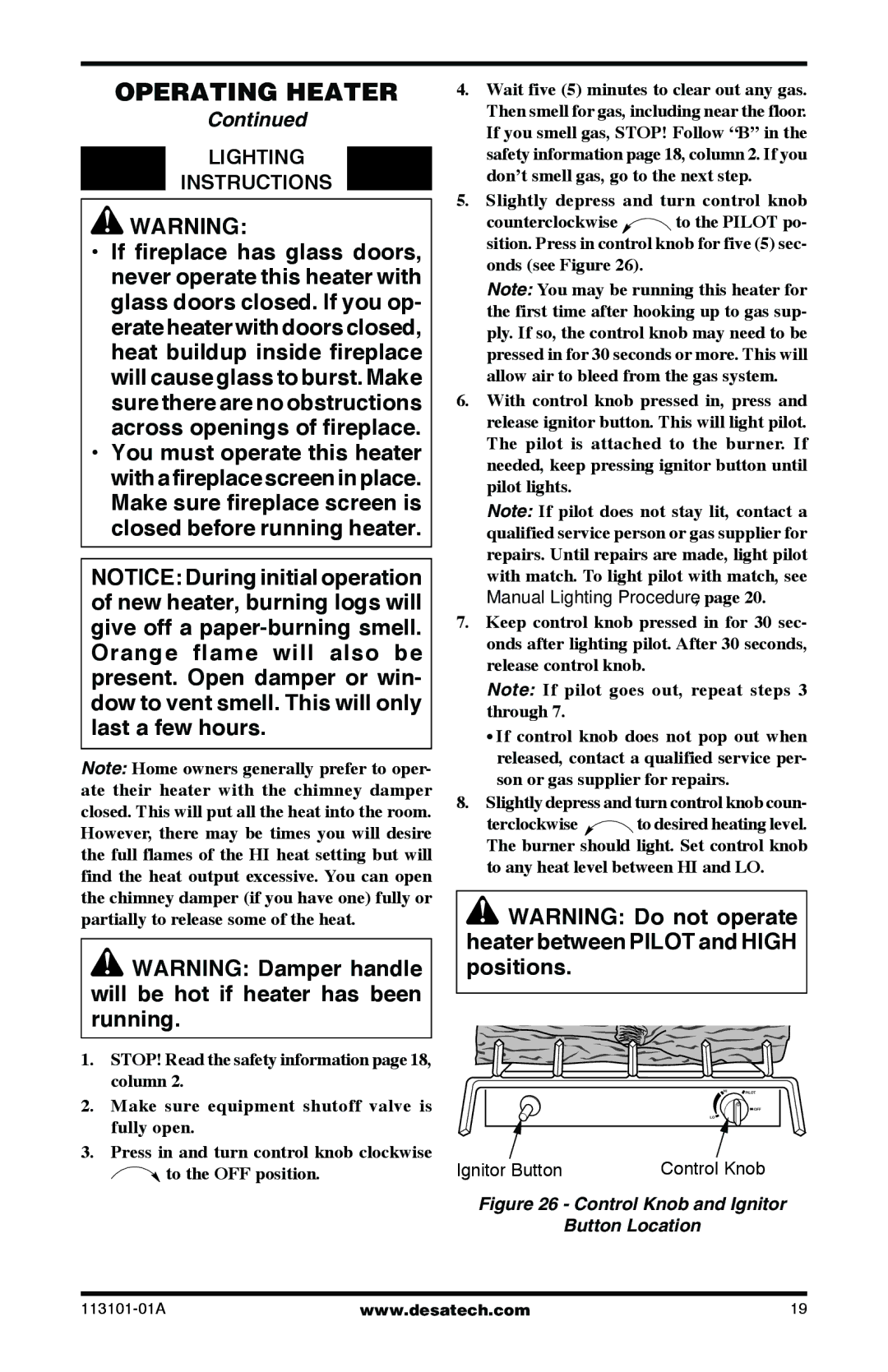 Desa CGS2718PA, CLD3924NTB, CLD3018PTA, SGS3124NA, CGS3124PA, CGS2718NA Lighting Instructions, Ignitor Button Control Knob 