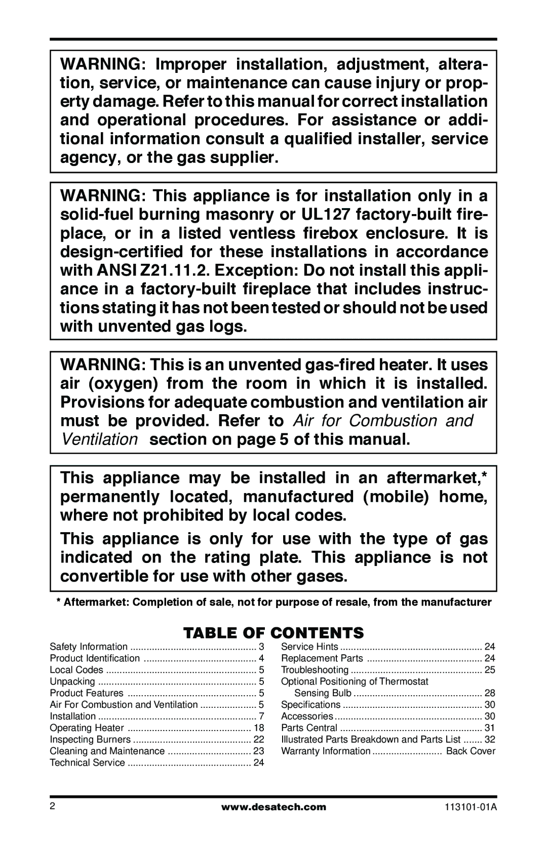 Desa SGS3124NA, CLD3924NTB, CLD3018PTA, CGS3124PA, CGS2718NA, CGS2718PA installation manual Table of Contents 