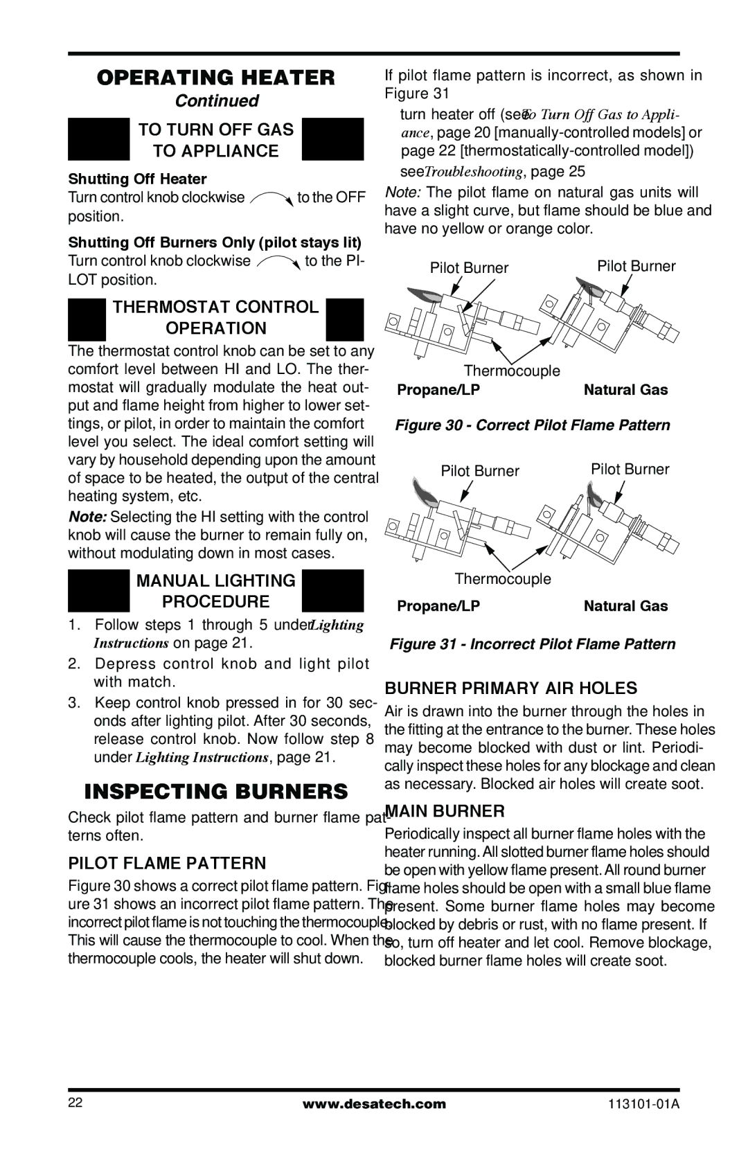 Desa CLD3018PTA, SGS3124NA Inspecting Burners, Thermostat Control Operation, Pilot Flame Pattern, Burner Primary AIR Holes 