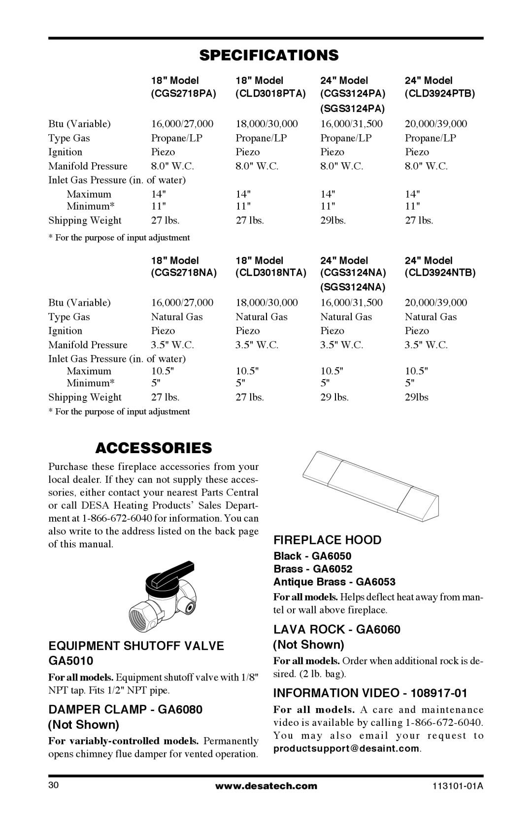 Desa SGS3124NA, CLD3924NTB Specifications, Accessories, Equipment Shutoff Valve GA5010, Fireplace Hood, Information Video 