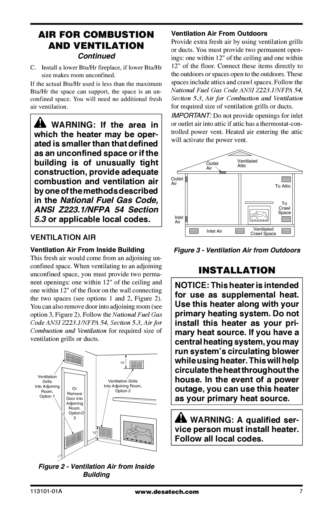 Desa CLD3924NTB Installation, Ventilation AIR, Ventilation Air From Inside Building, Ventilation Air From Outdoors 