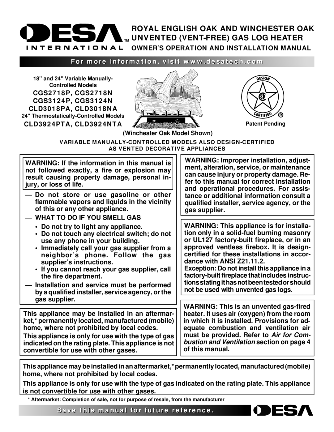 Desa installation manual OWNER’S Operation and Installation Manual, CLD3924PTA, CLD3924NTA, What to do if YOU Smell GAS 