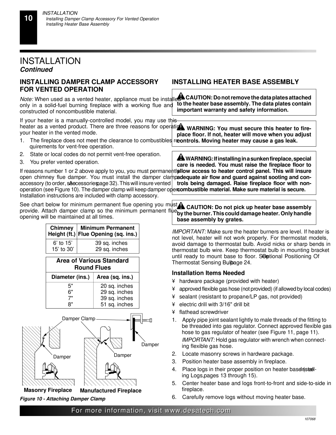 Desa CLD3924NTA, CLD3924PTA Installing Damper Clamp Accessory for Vented Operation, Installing Heater Base Assembly 