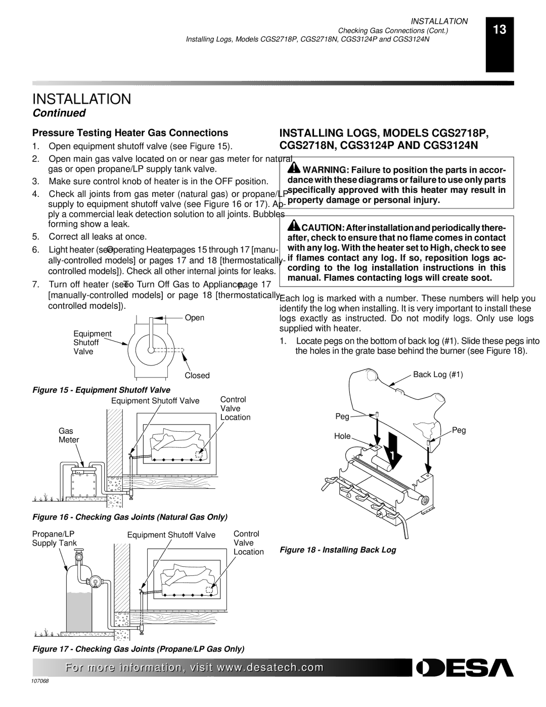 Desa CLD3924NTA, CLD3924PTA, CLD3018NA 24 Pressure Testing Heater Gas Connections, Equipment Shutoff Valve 