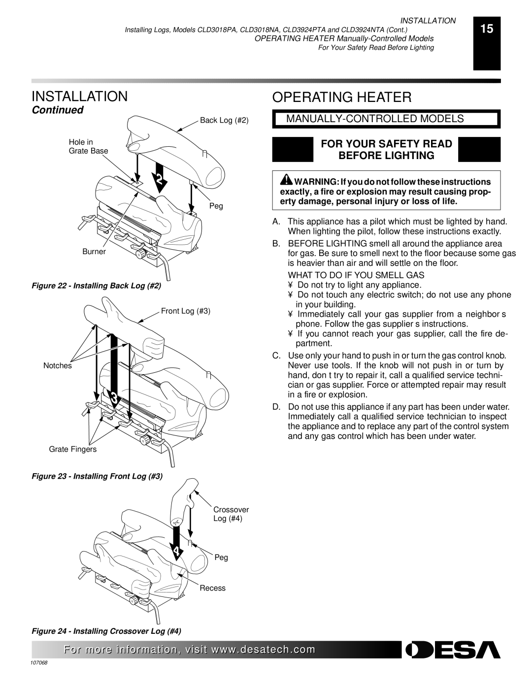 Desa CLD3924PTA, CLD3924NTA, CLD3018NA 24 installation manual Operating Heater, What to do if YOU Smell GAS 