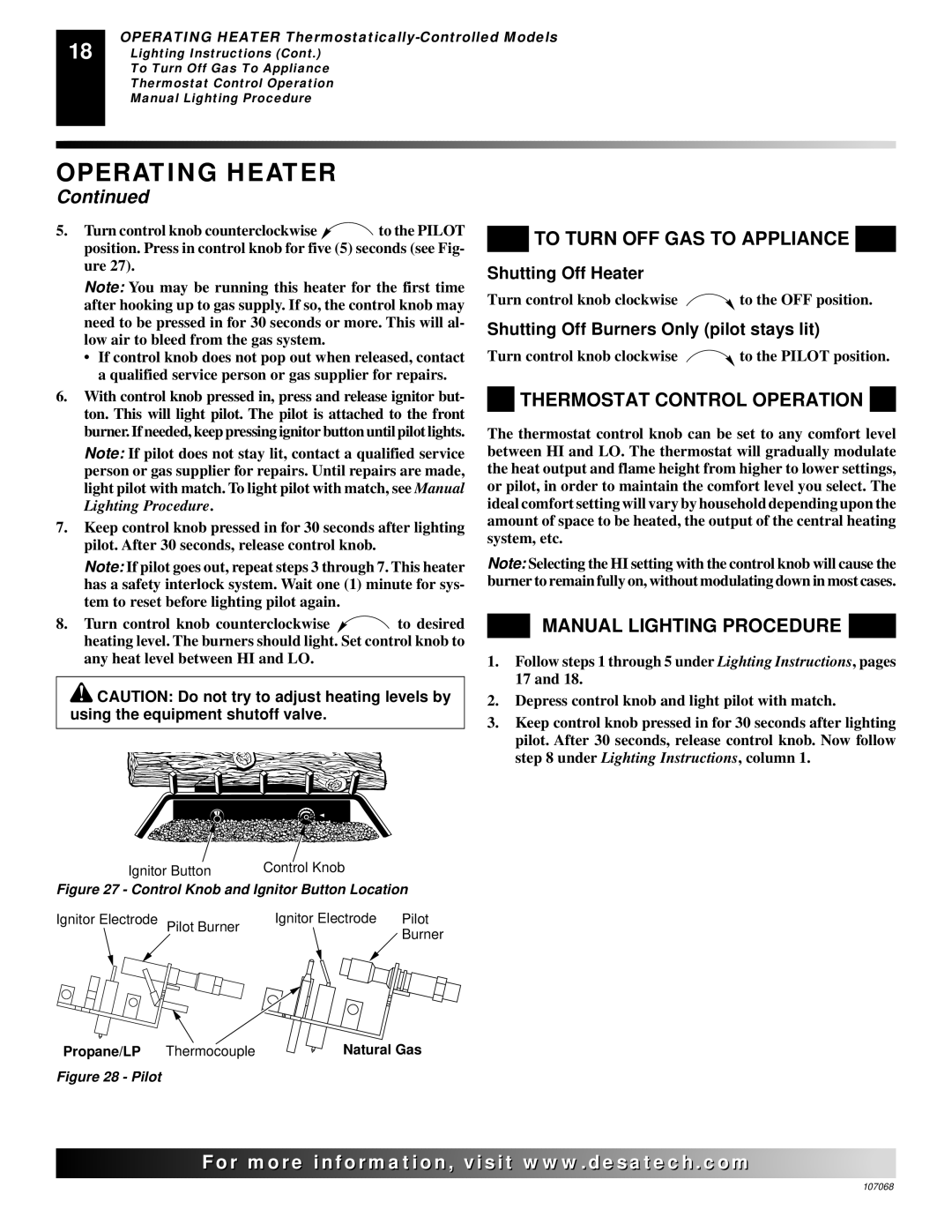 Desa CLD3924PTA, CLD3924NTA, CLD3018NA 24 installation manual Thermostat Control Operation 