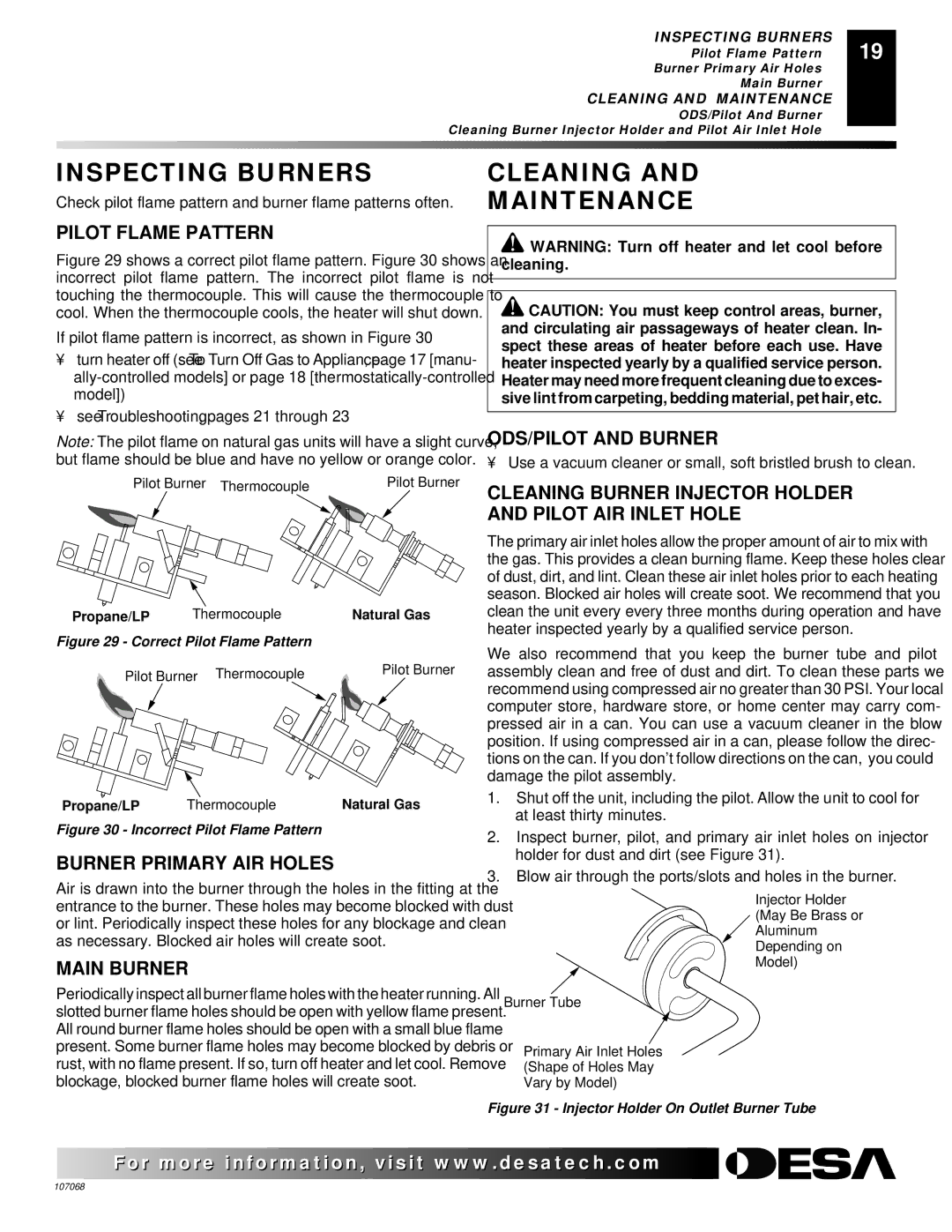 Desa CLD3924NTA, CLD3924PTA, CLD3018NA 24 installation manual Inspecting Burners, Cleaning Maintenance 