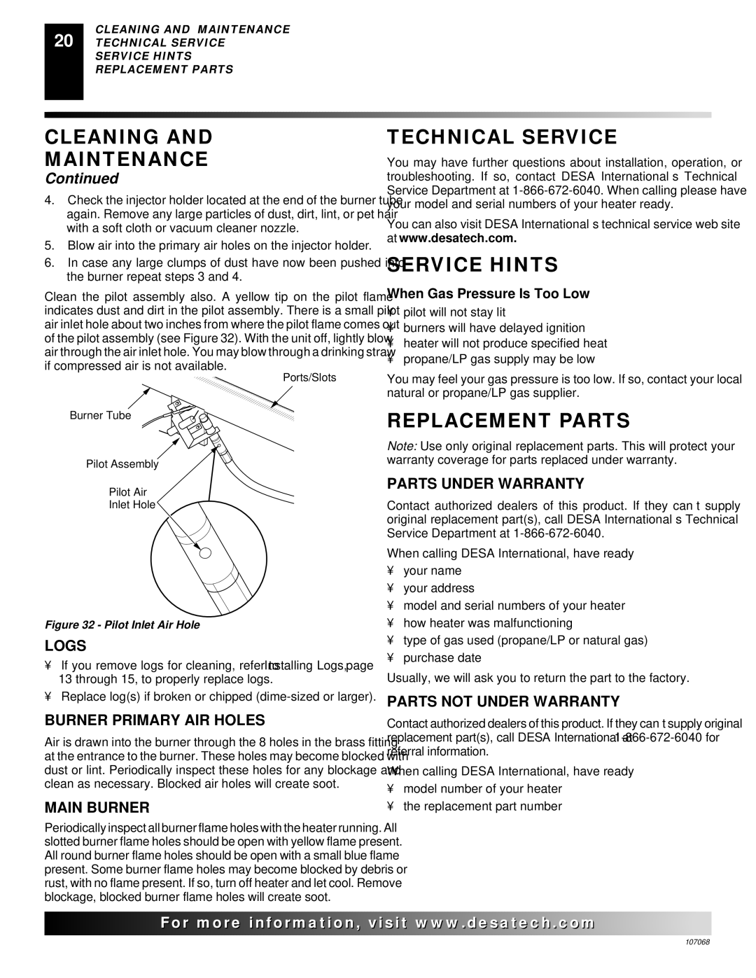 Desa CLD3018NA 24, CLD3924PTA, CLD3924NTA installation manual Technical Service, Service Hints, Replacement Parts 