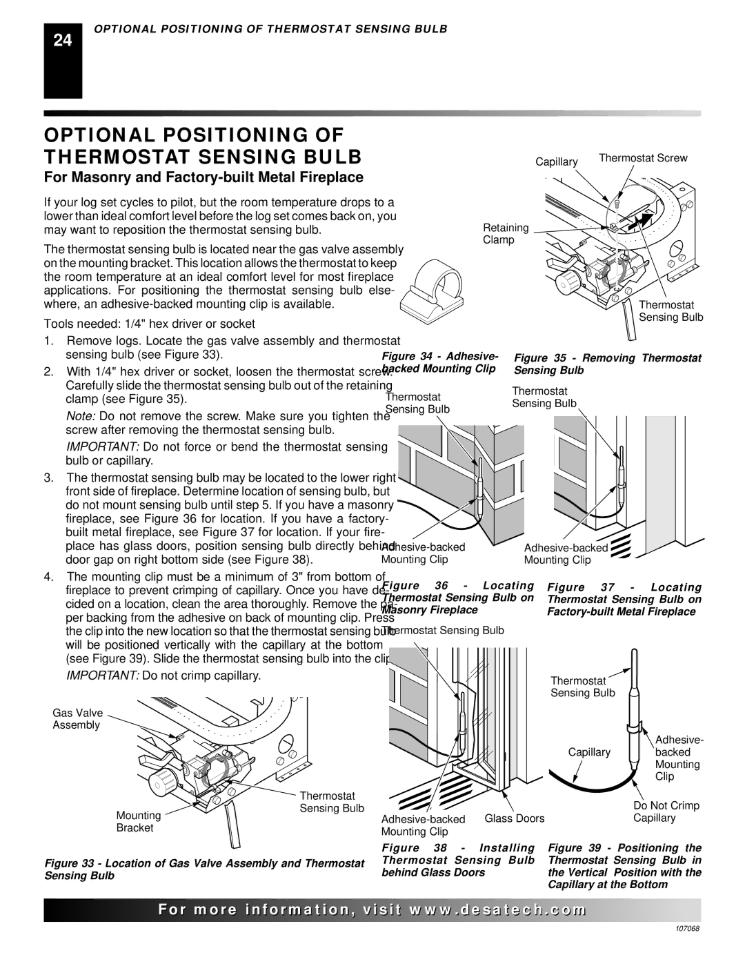 Desa CLD3924PTA, CLD3924NTA Optional Positioning of Thermostat Sensing Bulb, For Masonry and Factory-built Metal Fireplace 