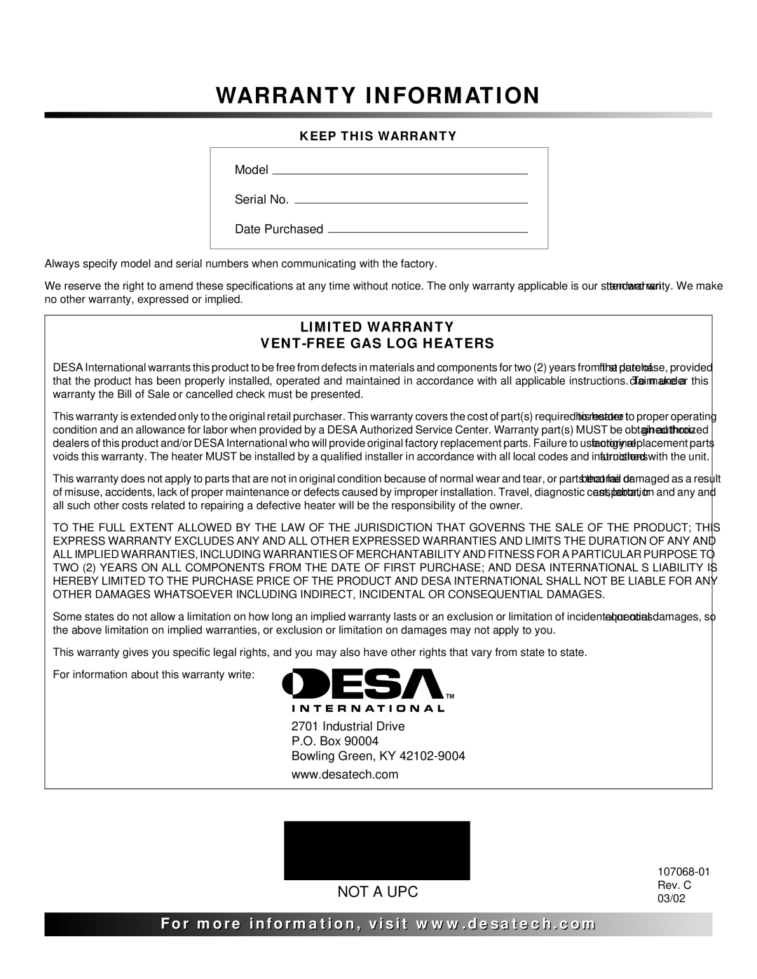 Desa CLD3924PTA, CLD3924NTA, CLD3018NA 24 installation manual Warranty Information 