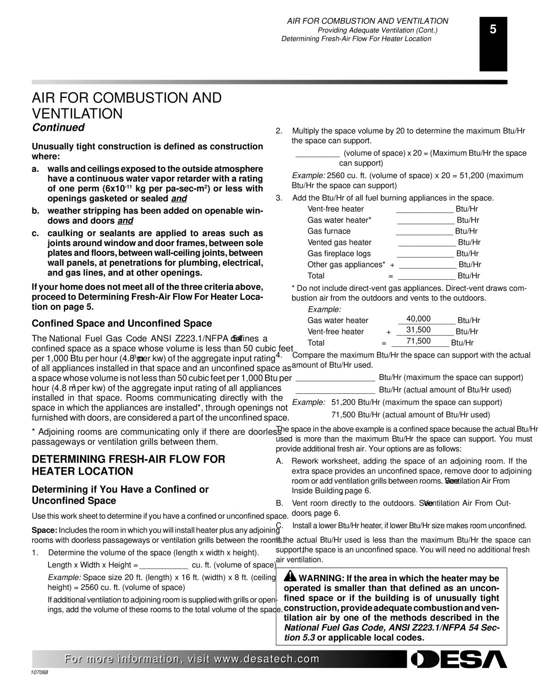 Desa CLD3018NA 24, CLD3924PTA Determining FRESH-AIR Flow for Heater Location, Confined Space and Unconfined Space 