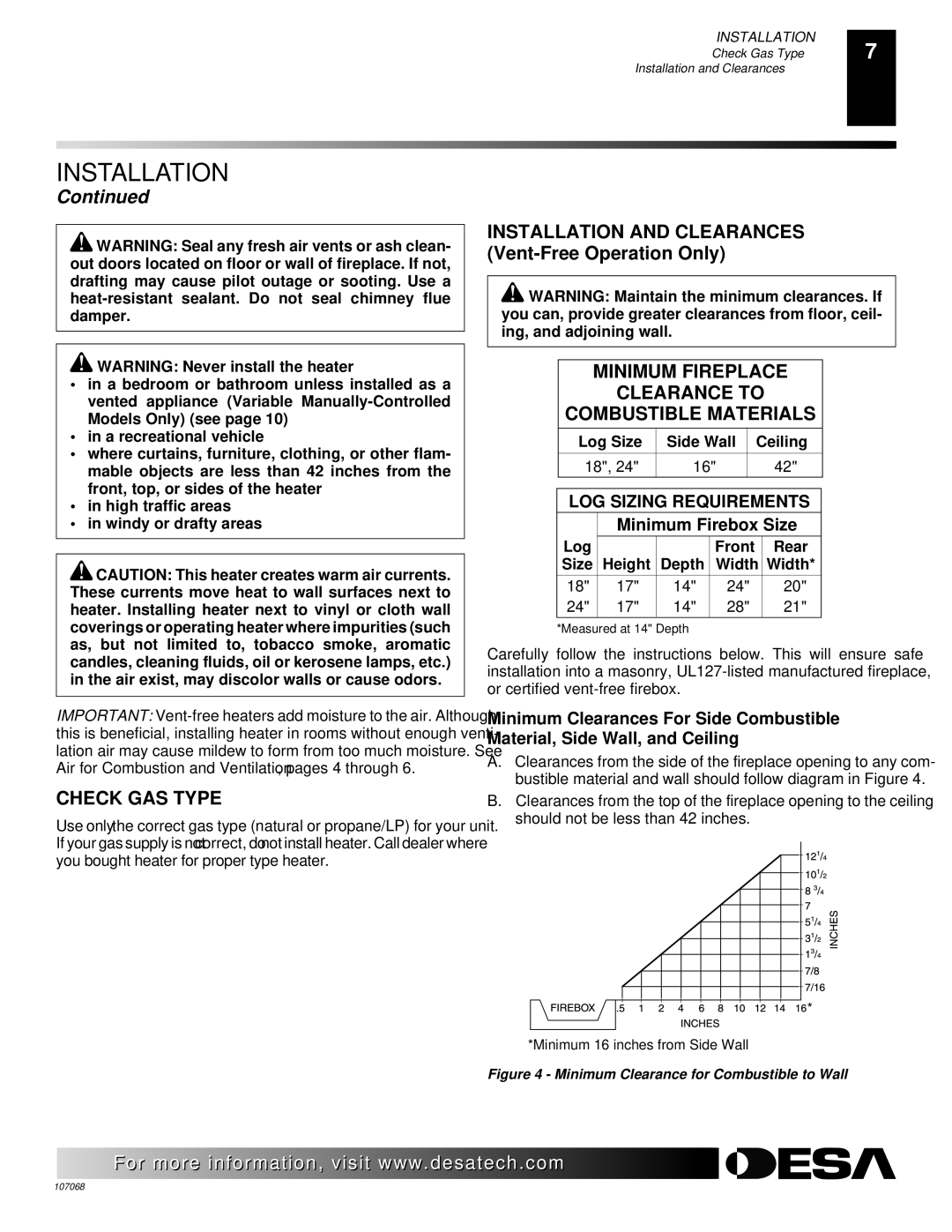 Desa CLD3924NTA, CLD3924PTA Check GAS Type, Minimum Fireplace Clearance to Combustible Materials, Minimum Firebox Size 