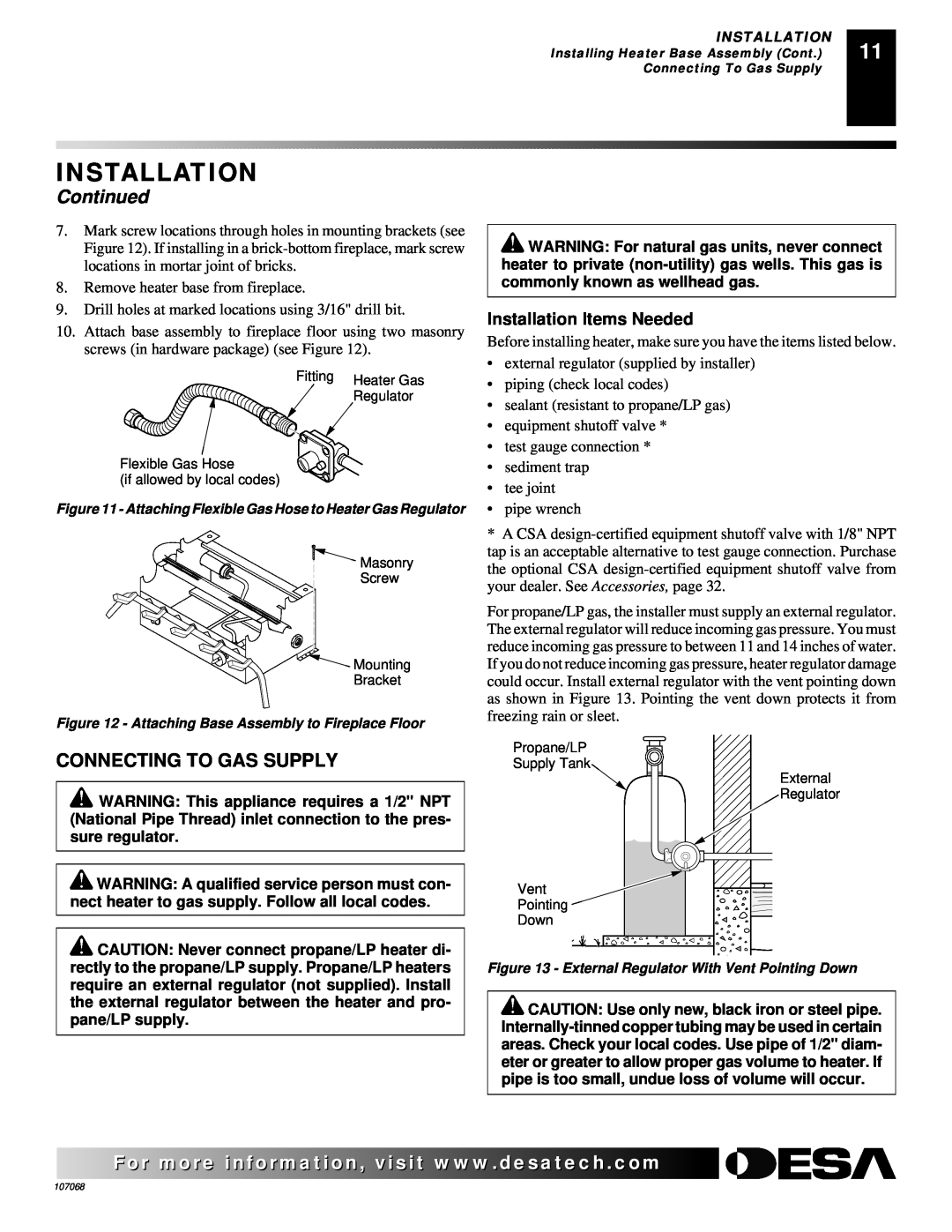 Desa CLD3018NA 24, CLD3924PTA, CLD3924NTA installation manual Connecting To Gas Supply, Installation, Continued 
