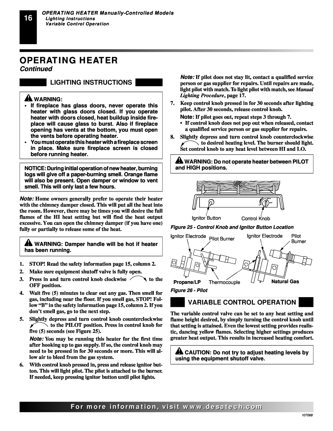 Desa CLD3924NTA, CLD3924PTA, CLD3018NA 24 Lighting Instructions, Variable Control Operation, Operating Heater, Continued 