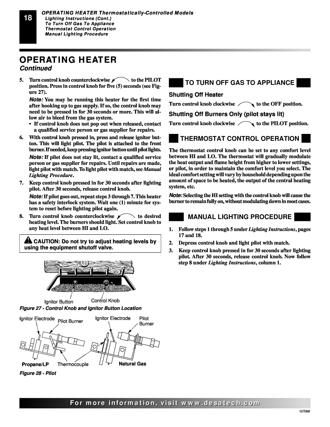 Desa CLD3924PTA, CLD3924NTA Thermostat Control Operation, Operating Heater, Continued, To Turn Off Gas To Appliance 