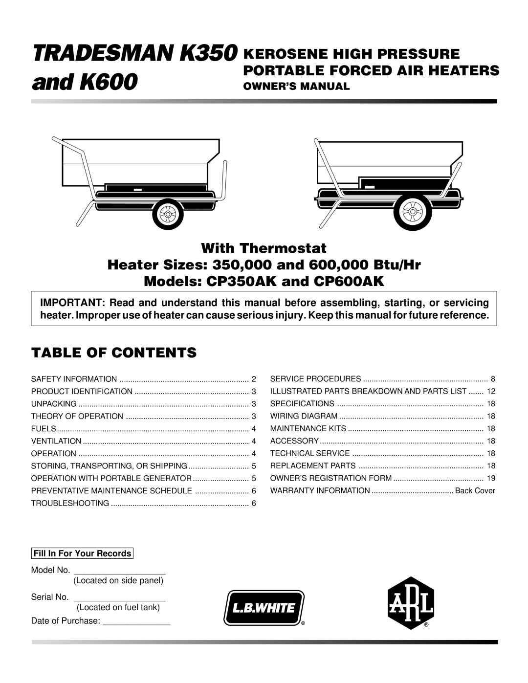 Desa CP350AK, CP600AK owner manual Kerosene High Pressure Portable Forced AIR Heaters, Table of Contents 