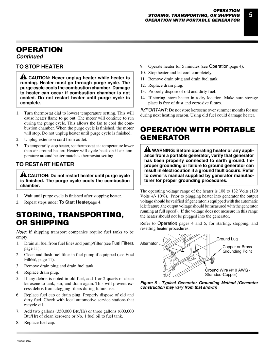 Desa CP350AK STORING, TRANSPORTING, or Shipping, Operation with Portable Generator, To Stop Heater, To Restart Heater 