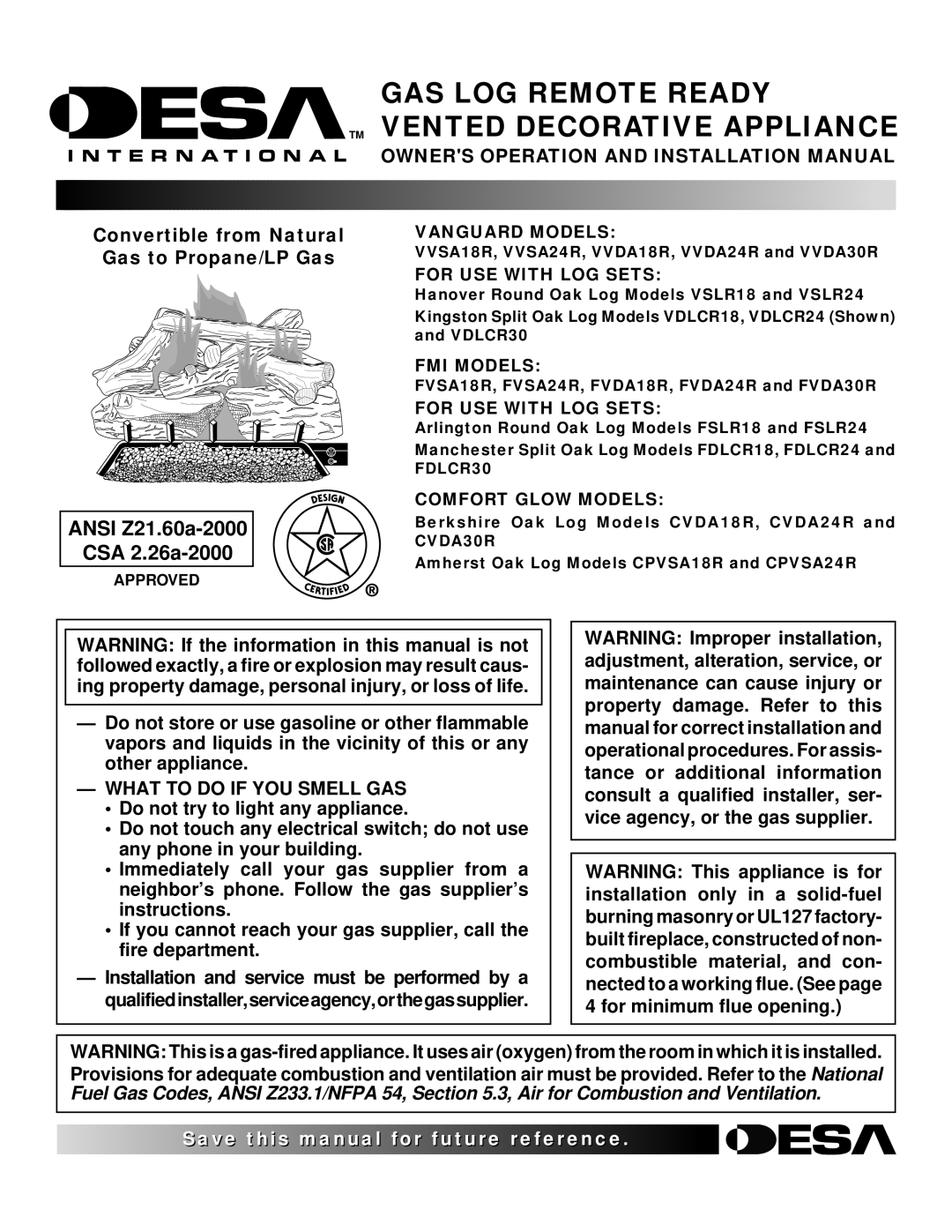 Desa CVDA24R, CVDA30R, CVDA18R installation manual Owners Operation and Installation Manual, What to do if YOU Smell GAS 