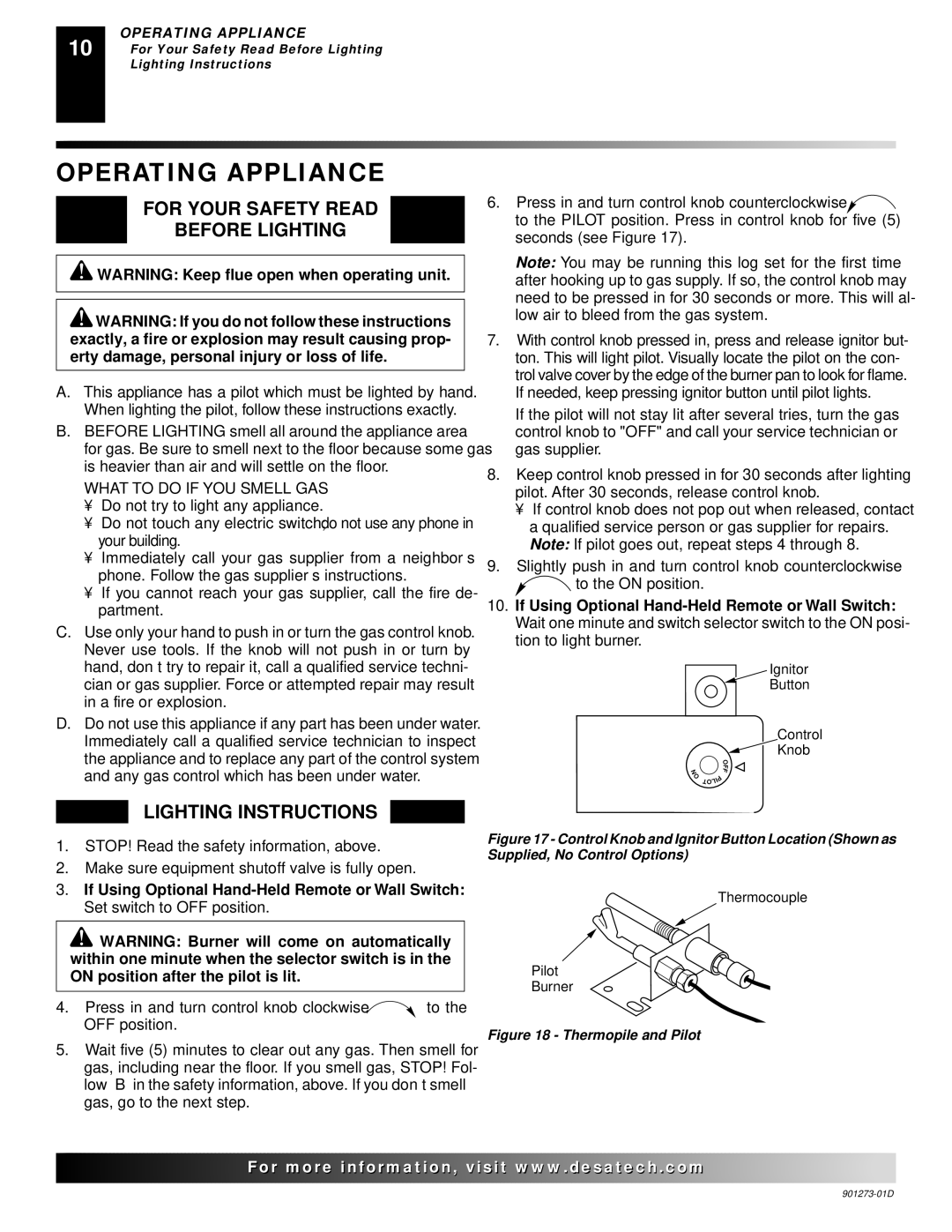 Desa CVDA24R, CVDA30R, CPVSA18R, CPVSA24R Operating Appliance, For Your Safety Read Before Lighting, Lighting Instructions 