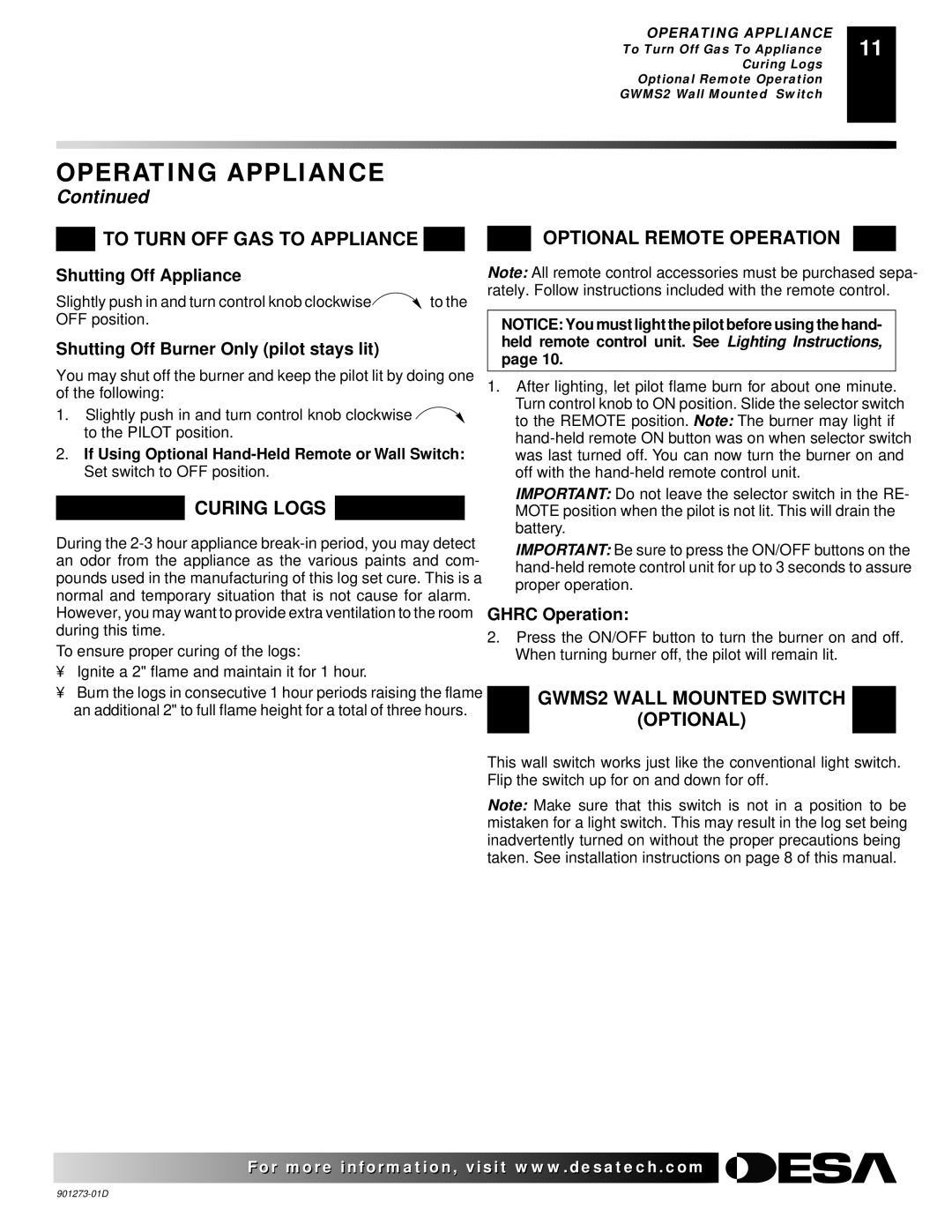 Desa CVDA18R To Turn OFF GAS to Appliance, Curing Logs, Optional Remote Operation, GWMS2 Wall Mounted Switch Optional 