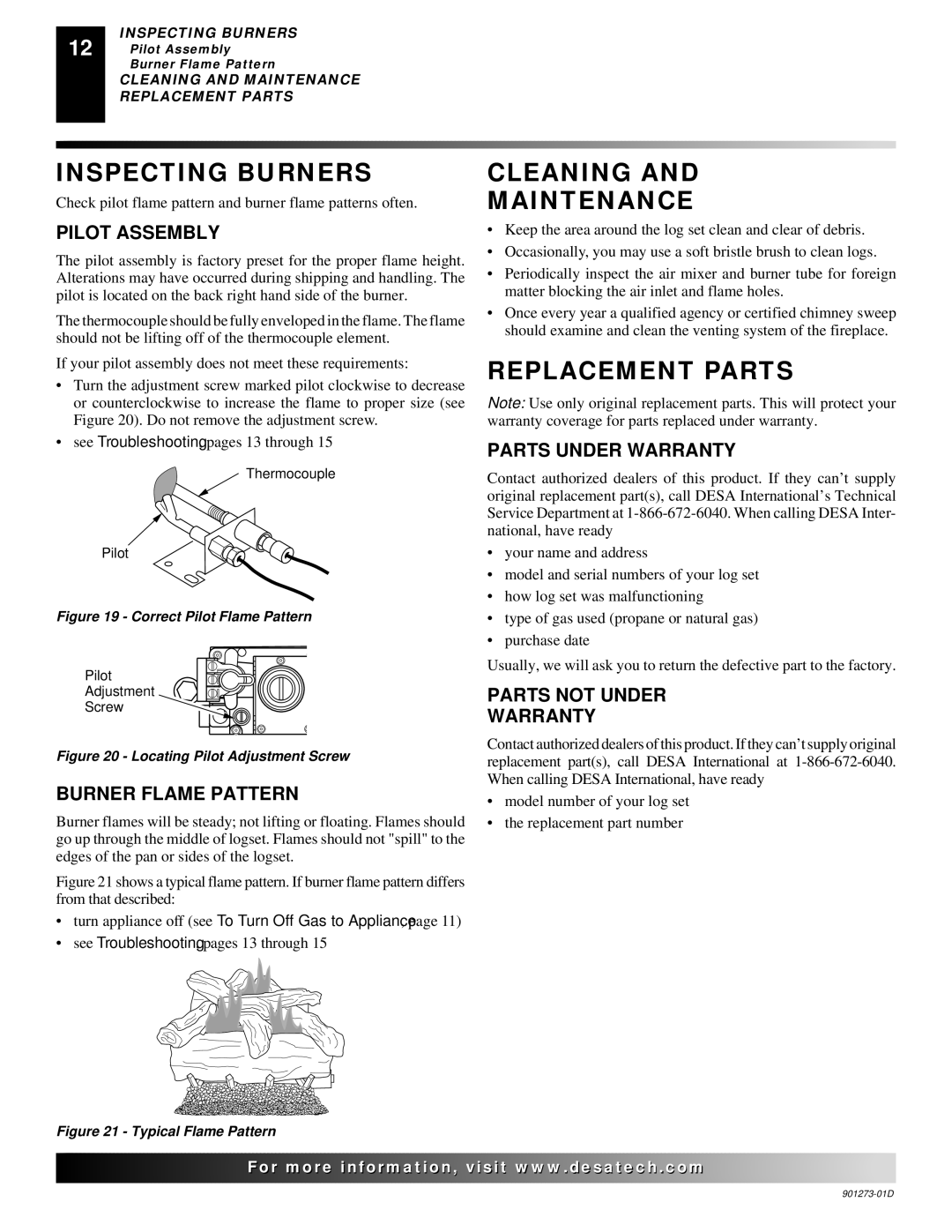 Desa CPVSA18R, CPVSA24R, CVDA24R, CVDA30R, CVDA18R Inspecting Burners, Cleaning Maintenance, Replacement Parts 