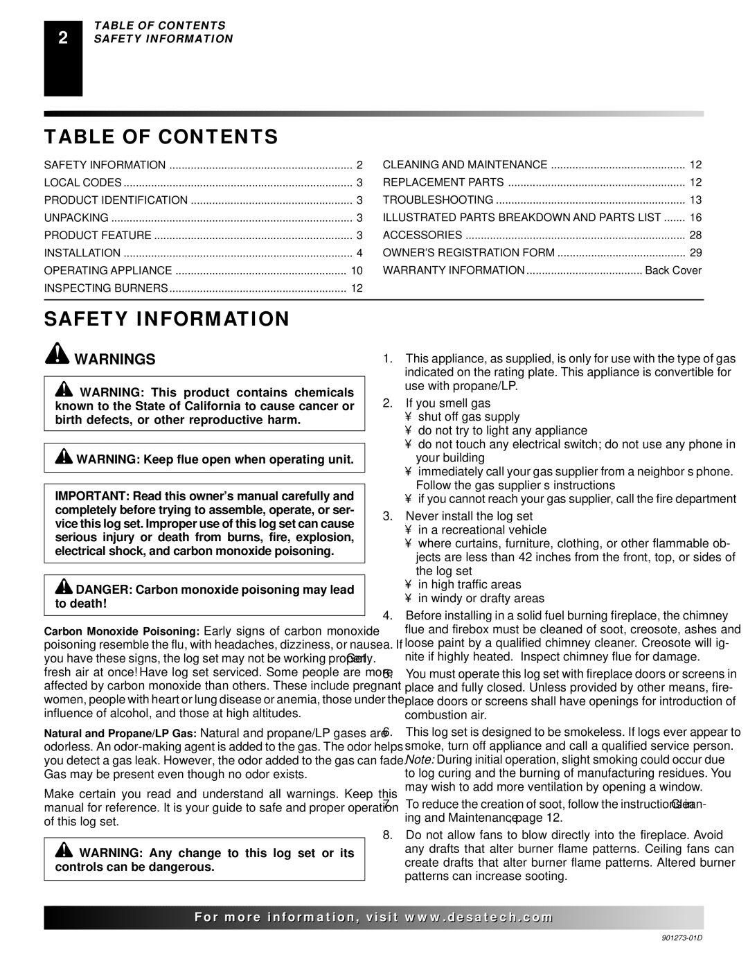 Desa CVDA18R, CPVSA18R, CPVSA24R, CVDA24R, CVDA30R installation manual Table of Contents, Safety Information 