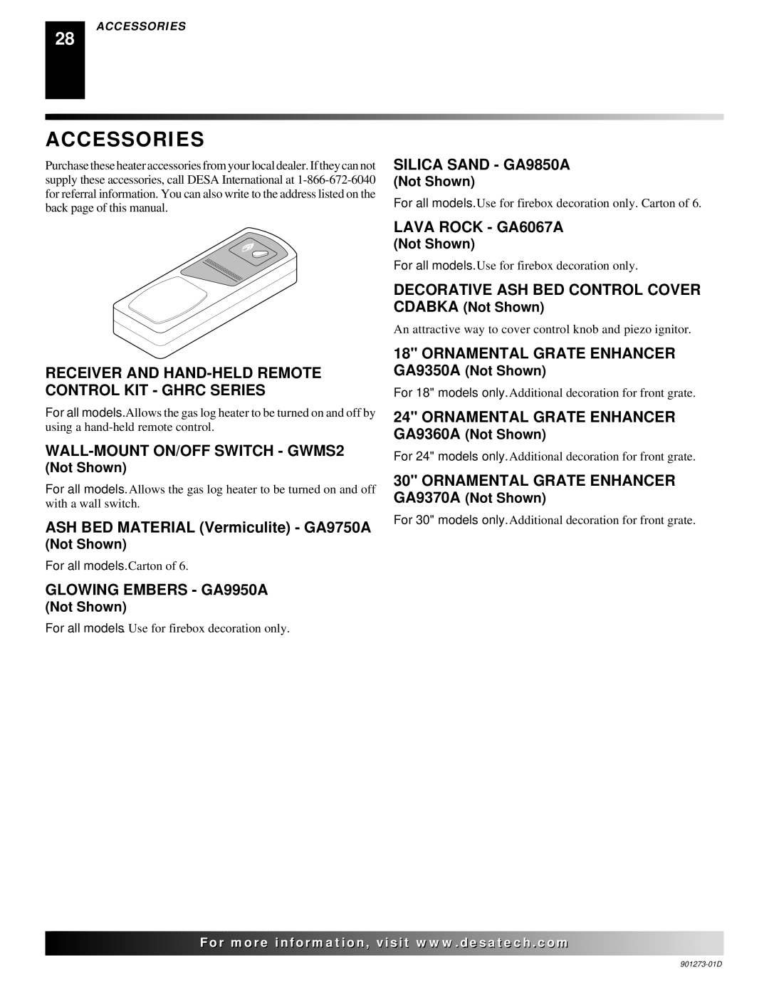 Desa CVDA24R, CVDA30R, CPVSA18R, CPVSA24R, CVDA18R installation manual Accessories 