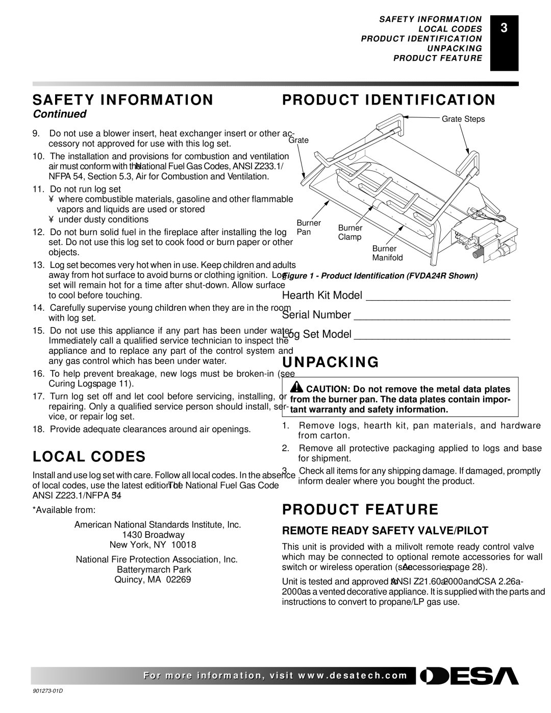 Desa CPVSA18R, CPVSA24R Local Codes, Product Identification, Unpacking, Product Feature, Remote Ready Safety VALVE/PILOT 