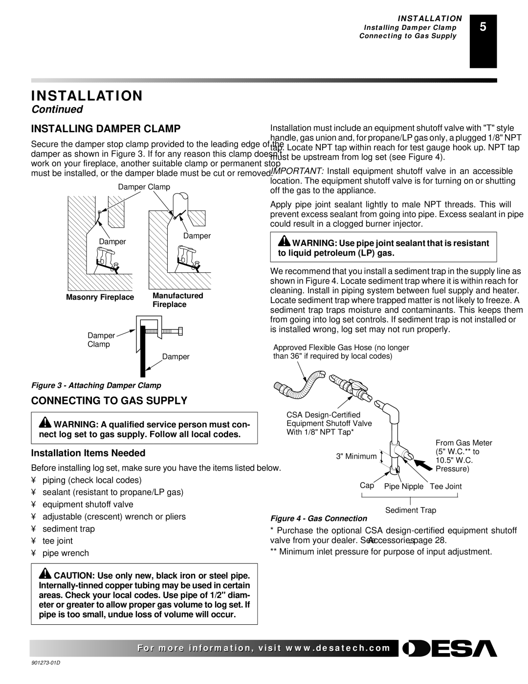 Desa CVDA18R, CPVSA18R, CPVSA24R Installing Damper Clamp, Connecting to GAS Supply, Installation Items Needed 