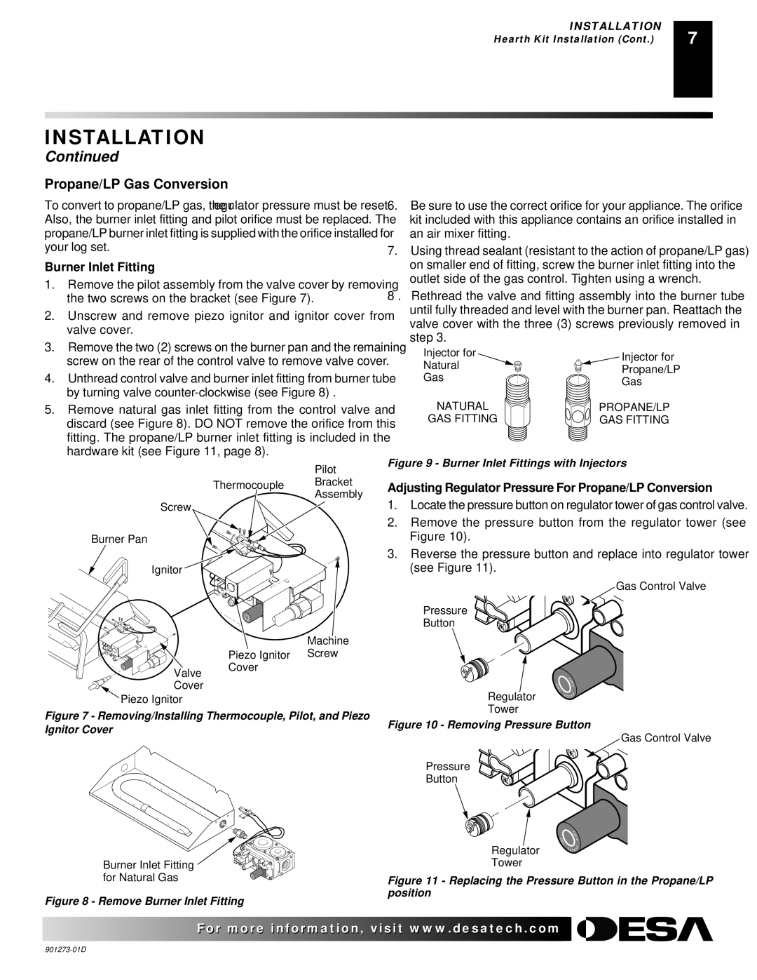 Desa CVDA24R, CVDA30R, CPVSA18R, CPVSA24R, CVDA18R installation manual Propane/LP Gas Conversion, Burner Inlet Fitting 