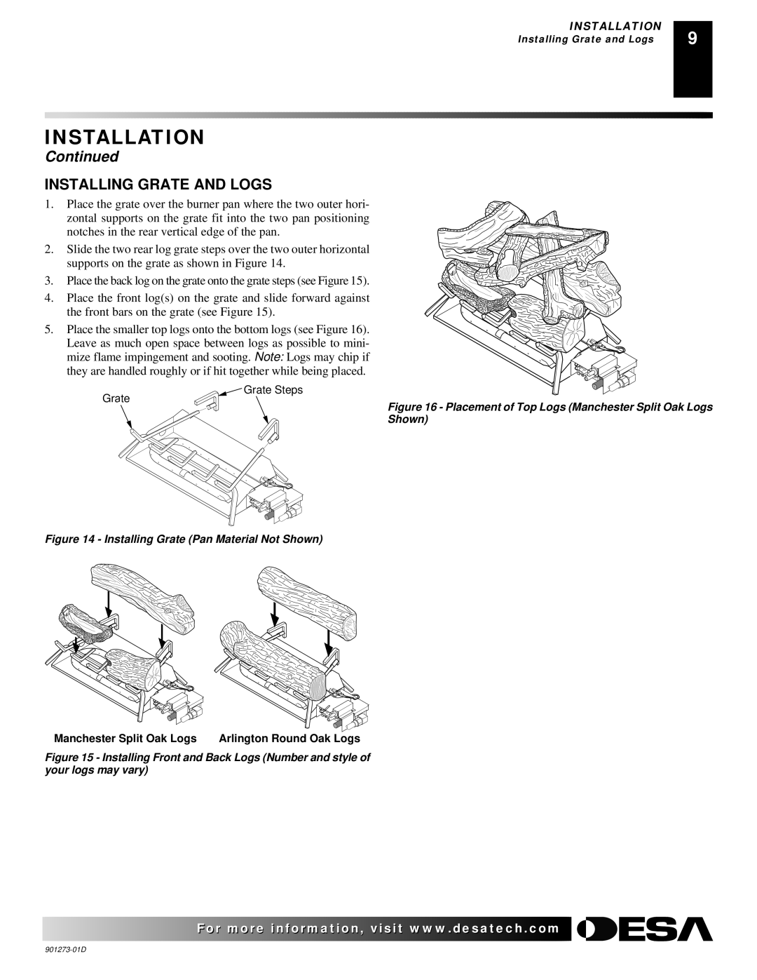 Desa CPVSA18R, CPVSA24R, CVDA24R, CVDA30R, CVDA18R Installing Grate and Logs, Installing Grate Pan Material Not Shown 