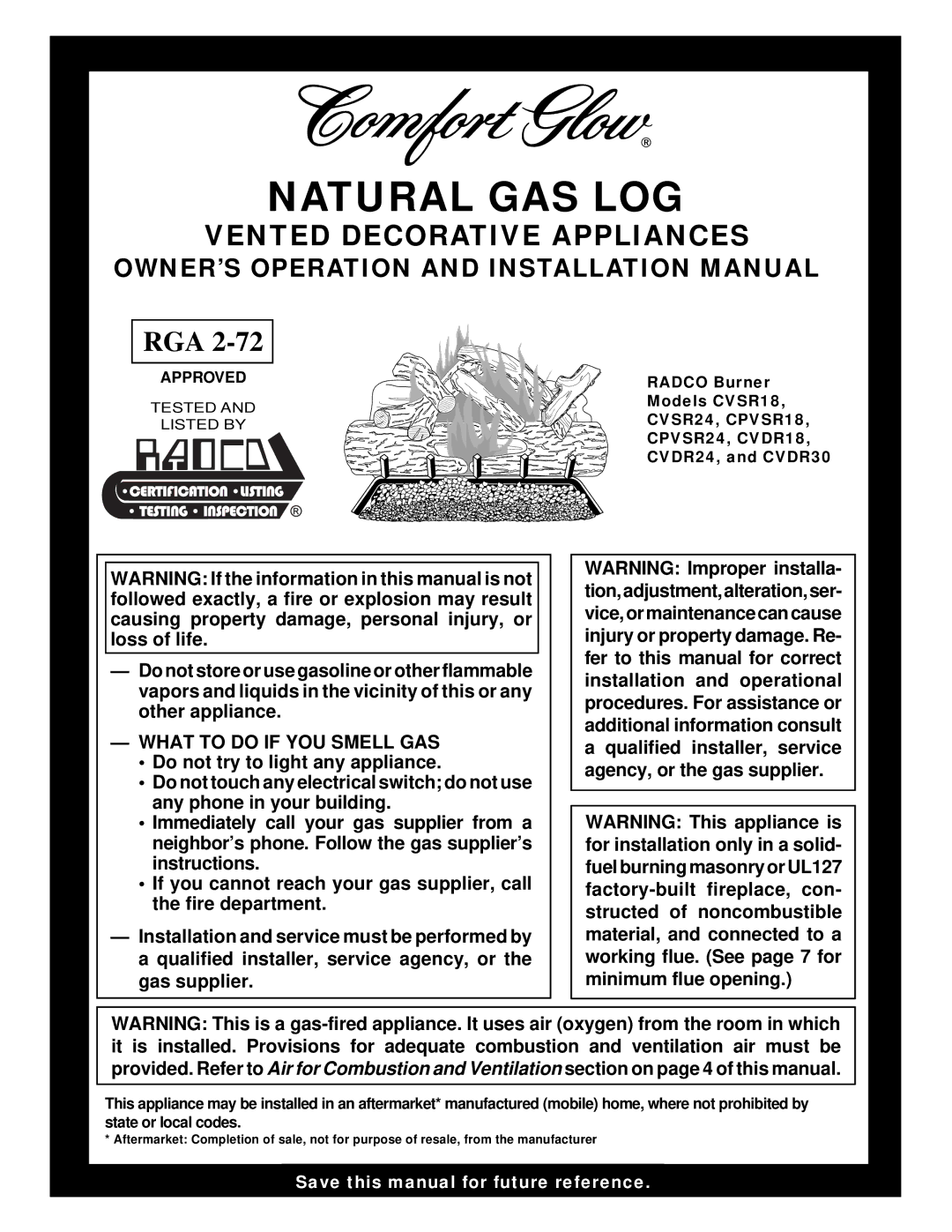 Desa installation manual OWNER’S Operation and Installation Manual, What to do if YOU Smell GAS, CVDR24, and CVDR30 