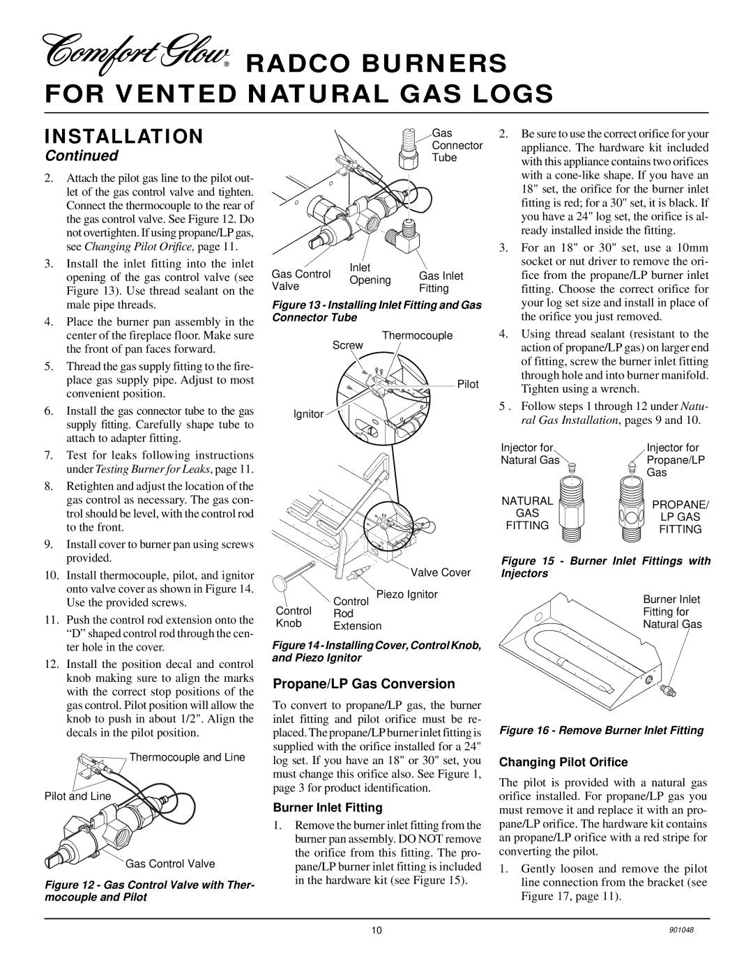 Desa CVSR24, CPVSR18, CVDR24, CVSR18, CPVSR24, CVDR18 Propane/LP Gas Conversion, Burner Inlet Fitting, Changing Pilot Orifice 