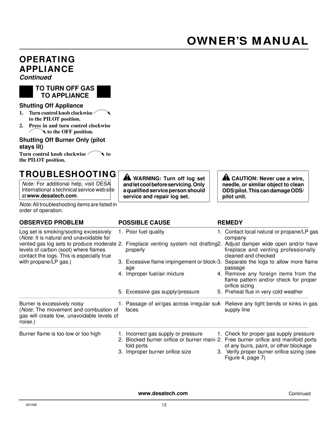 Desa and CVDR30, CPVSR18, CVDR24 Troubleshooting, To Turn OFF GAS To Appliance, Shutting Off Burner Only pilot stays lit 