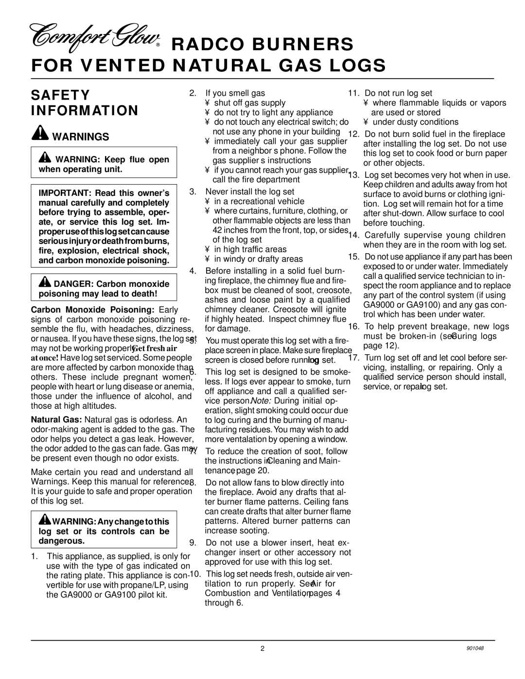 Desa CVSR18, CPVSR18, CVDR24, CVSR24, CPVSR24, CVDR18, and CVDR30 Radco Burners for Vented Natural GAS Logs, Safety Information 